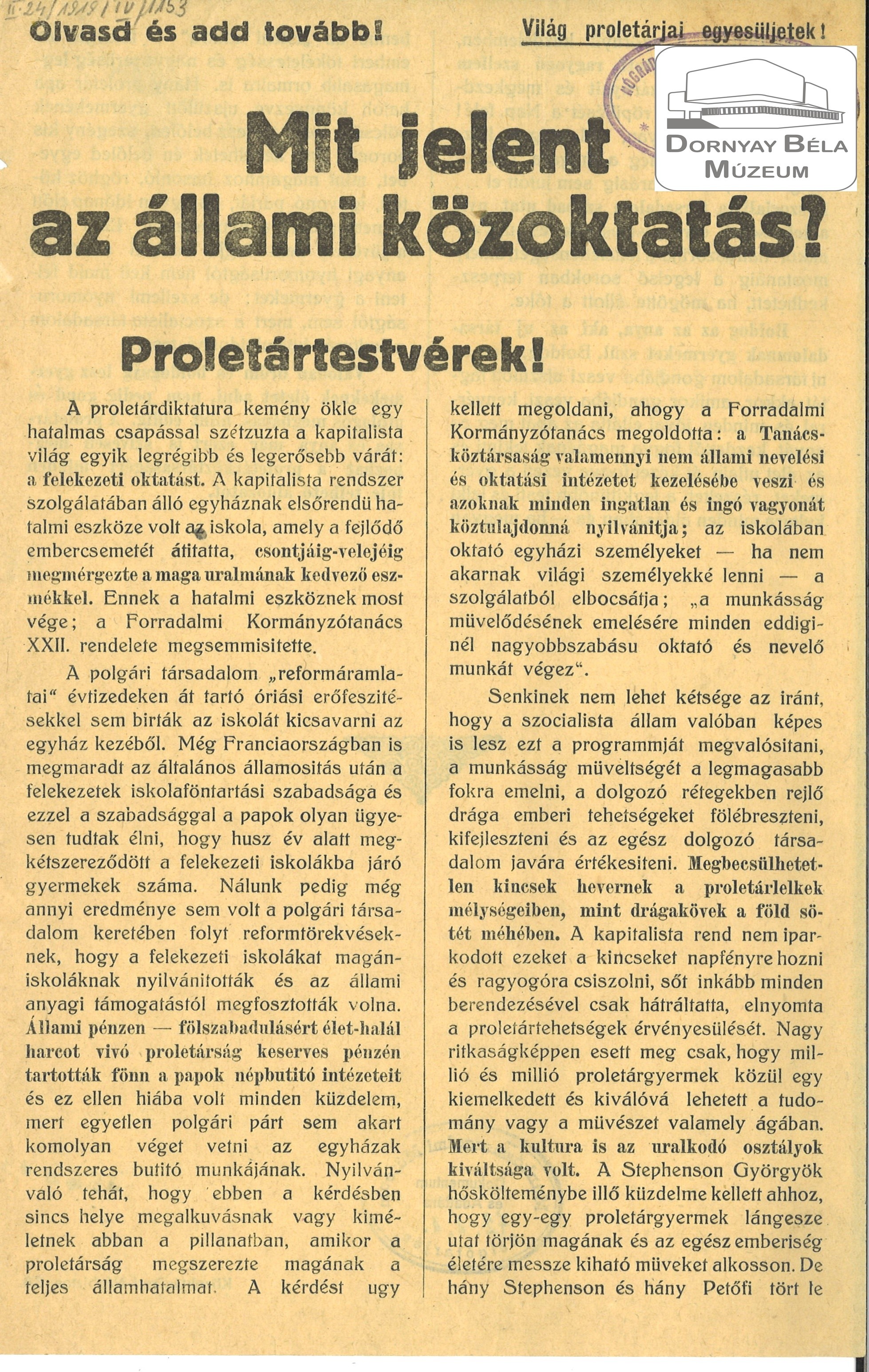 Tanácsköztársaság röplap (Dornyay Béla Múzeum, Salgótarján CC BY-NC-SA)
