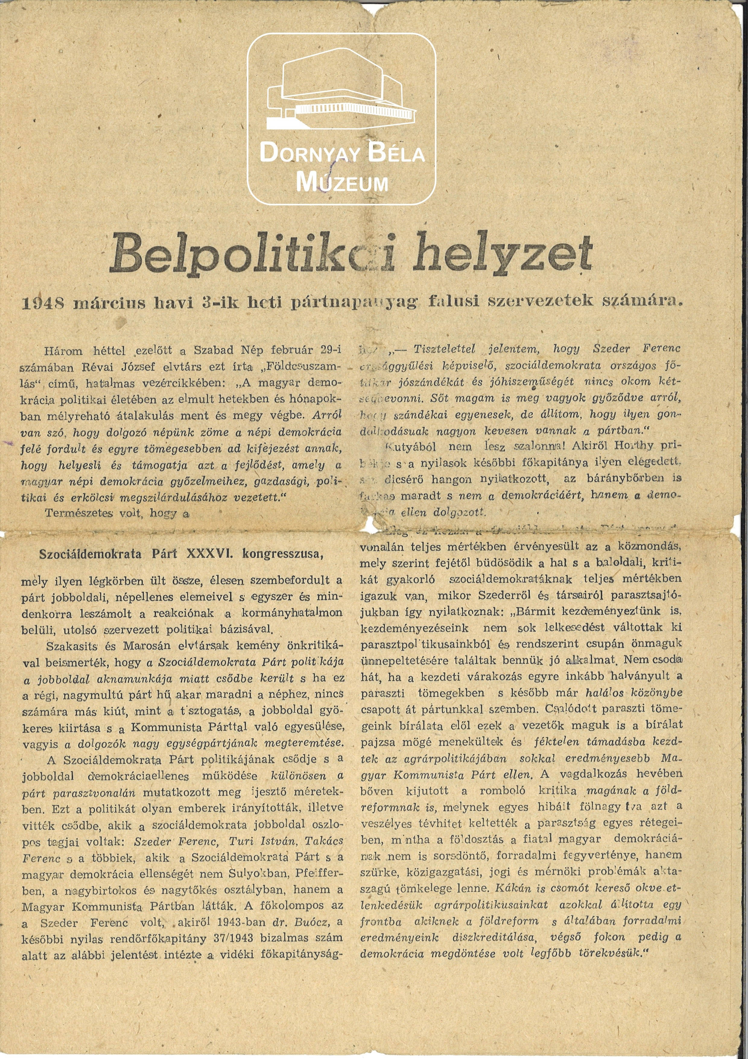 1948 március havi 3-ik heti pártnapanyag falusi szervezetek számára. (Dornyay Béla Múzeum, Salgótarján CC BY-NC-SA)