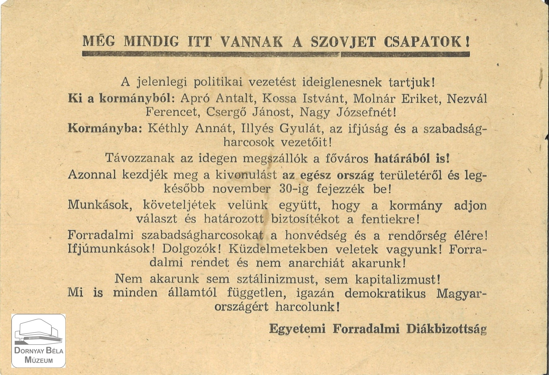 1956-os ellenforradalmi röplap (Dornyay Béla Múzeum, Salgótarján CC BY-NC-SA)