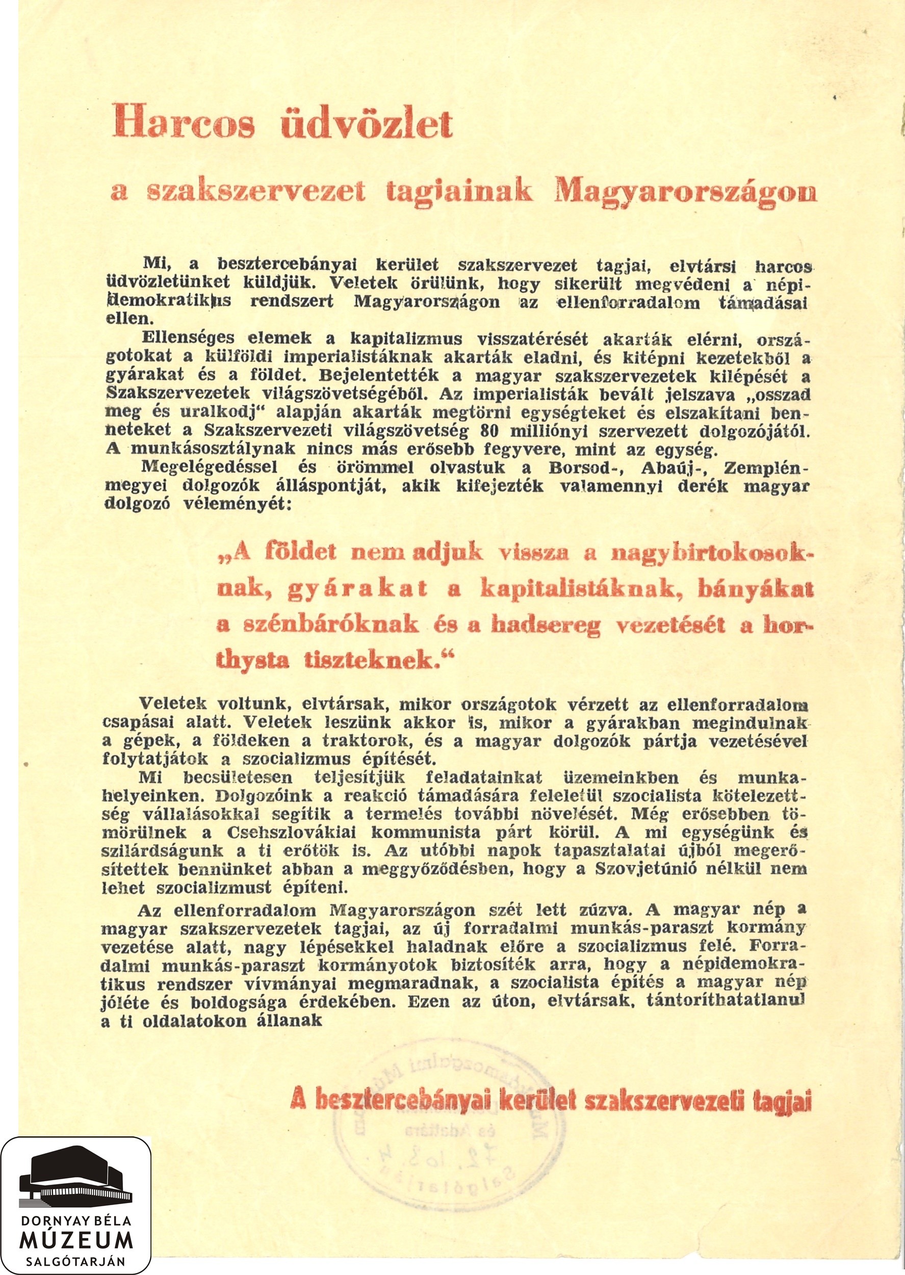A besztercebányai szakszervezeti tagok elítélik az ellenforradalmat. (Dornyay Béla Múzeum, Salgótarján CC BY-NC-SA)