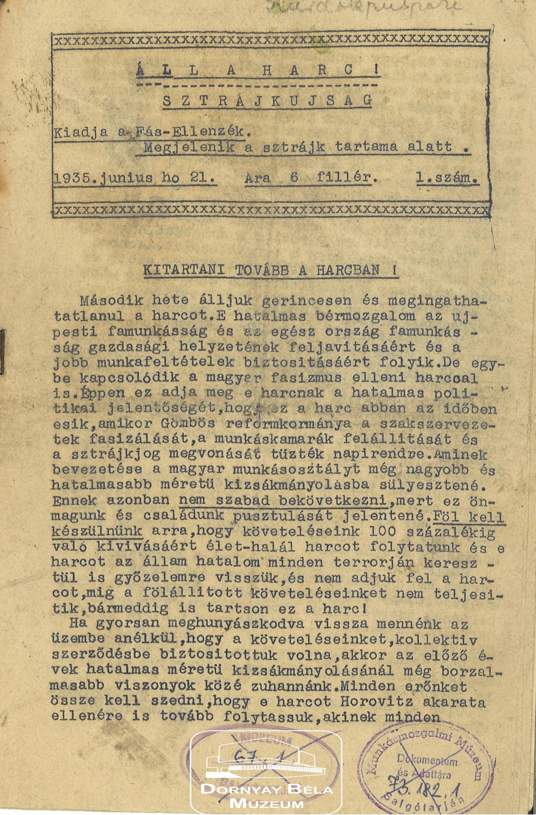 A Fás-Ellenzék sztrájkújsága 1. sz. 1935. június 21. (Dornyay Béla Múzeum, Salgótarján CC BY-NC-SA)