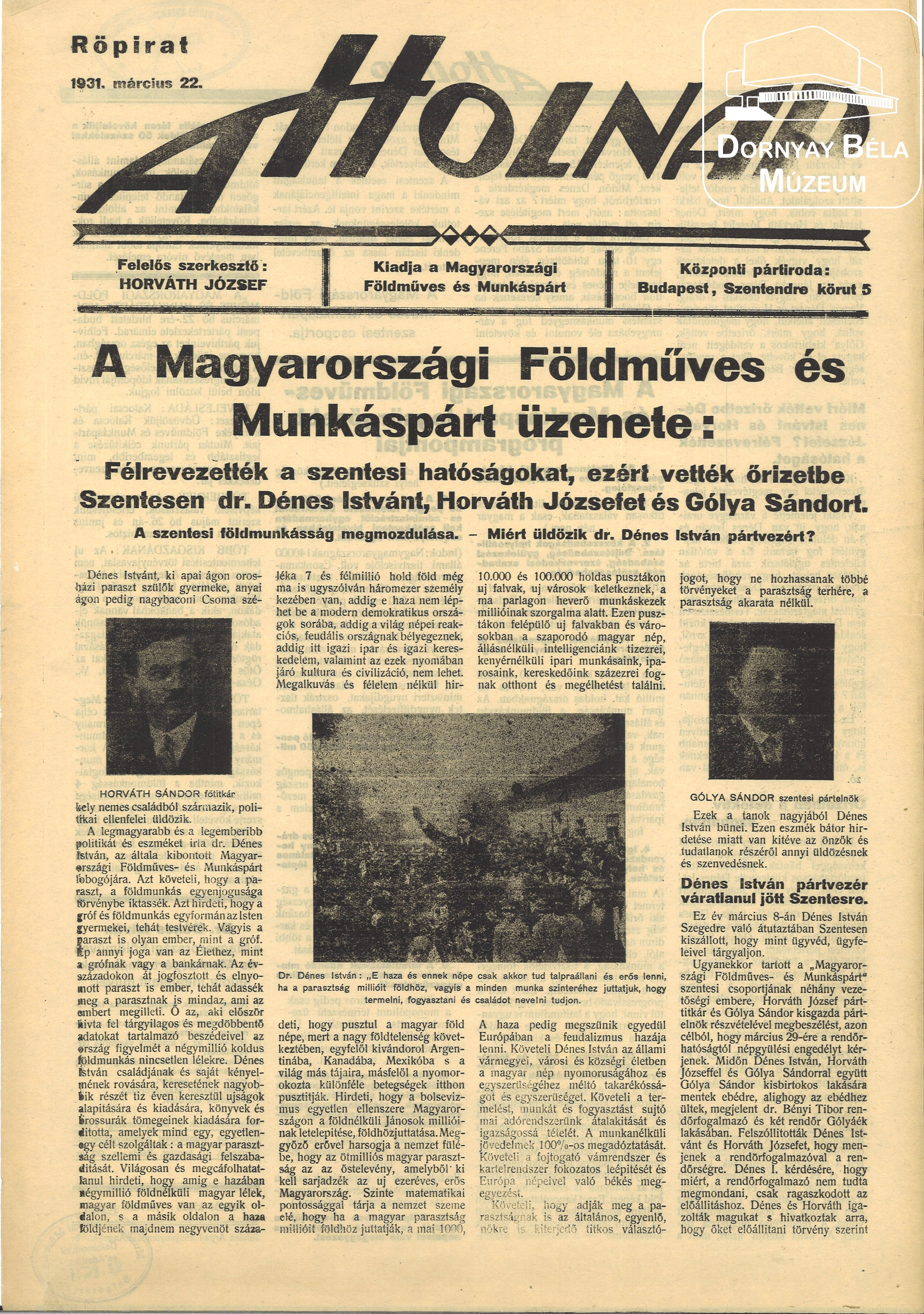 A Holnap. A Magyarországi Földműves és Munkáspárt röpirata. (Dornyay Béla Múzeum, Salgótarján CC BY-NC-SA)