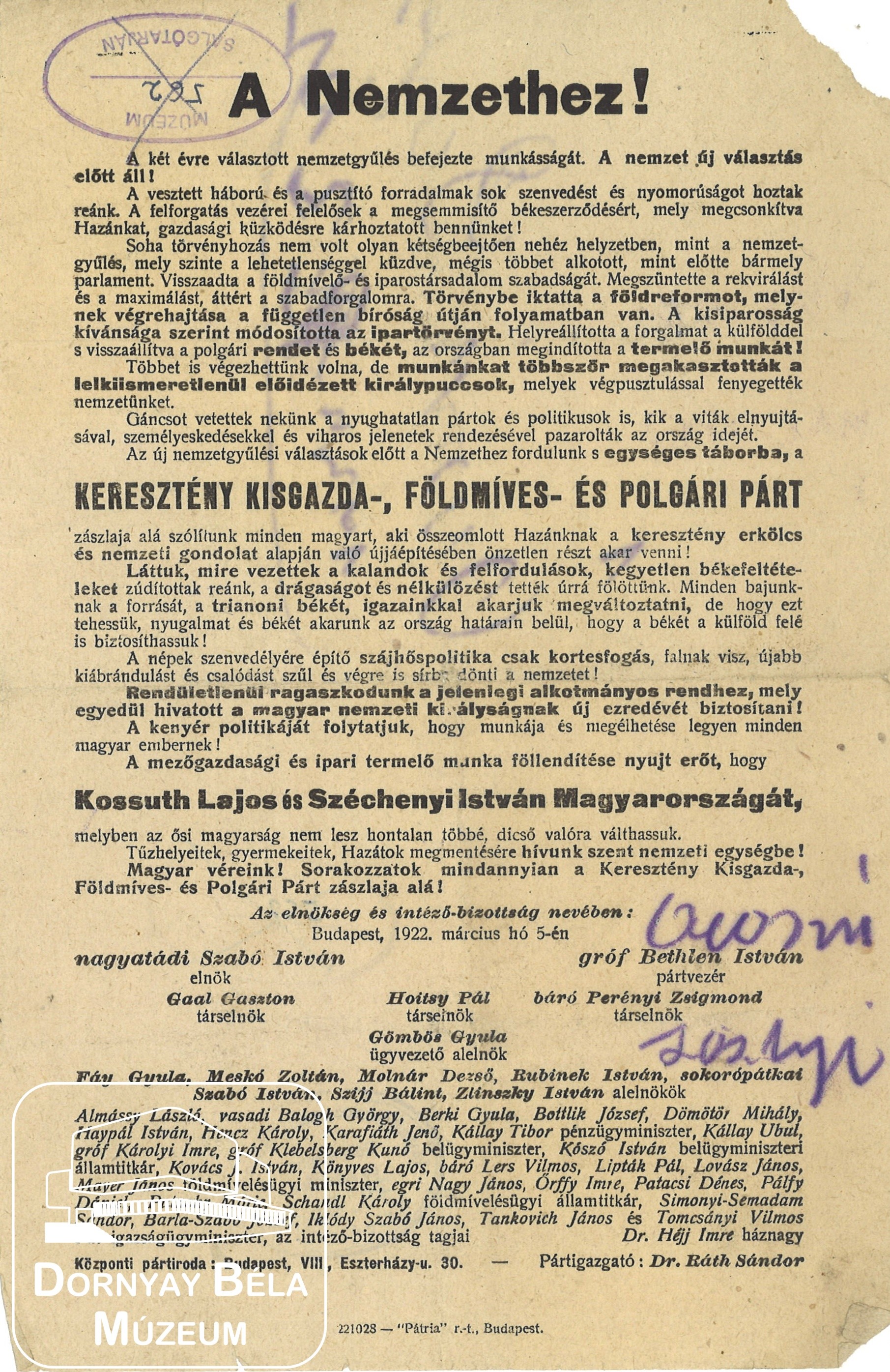 A Keresztény-Kisgazda-Földműves és Polgári Pért felhívása a nemzethez. (Dornyay Béla Múzeum, Salgótarján CC BY-NC-SA)