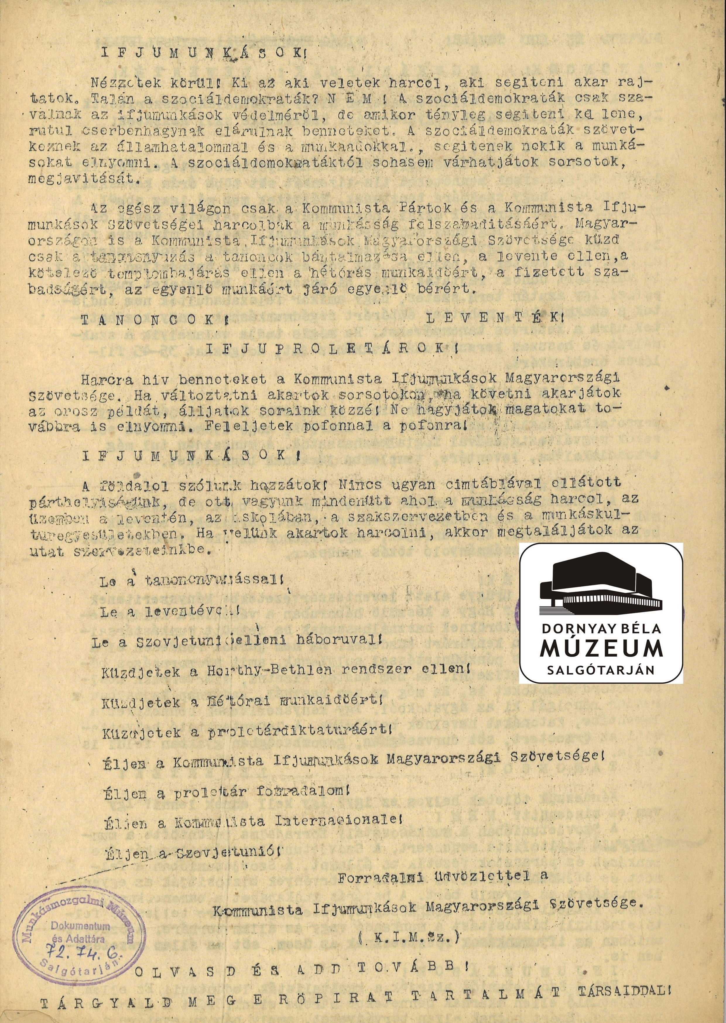 A KIMSZ felhívása a tanoncokhoz, munkásifjakhoz, leventékhez (Dornyay Béla Múzeum, Salgótarján CC BY-NC-SA)