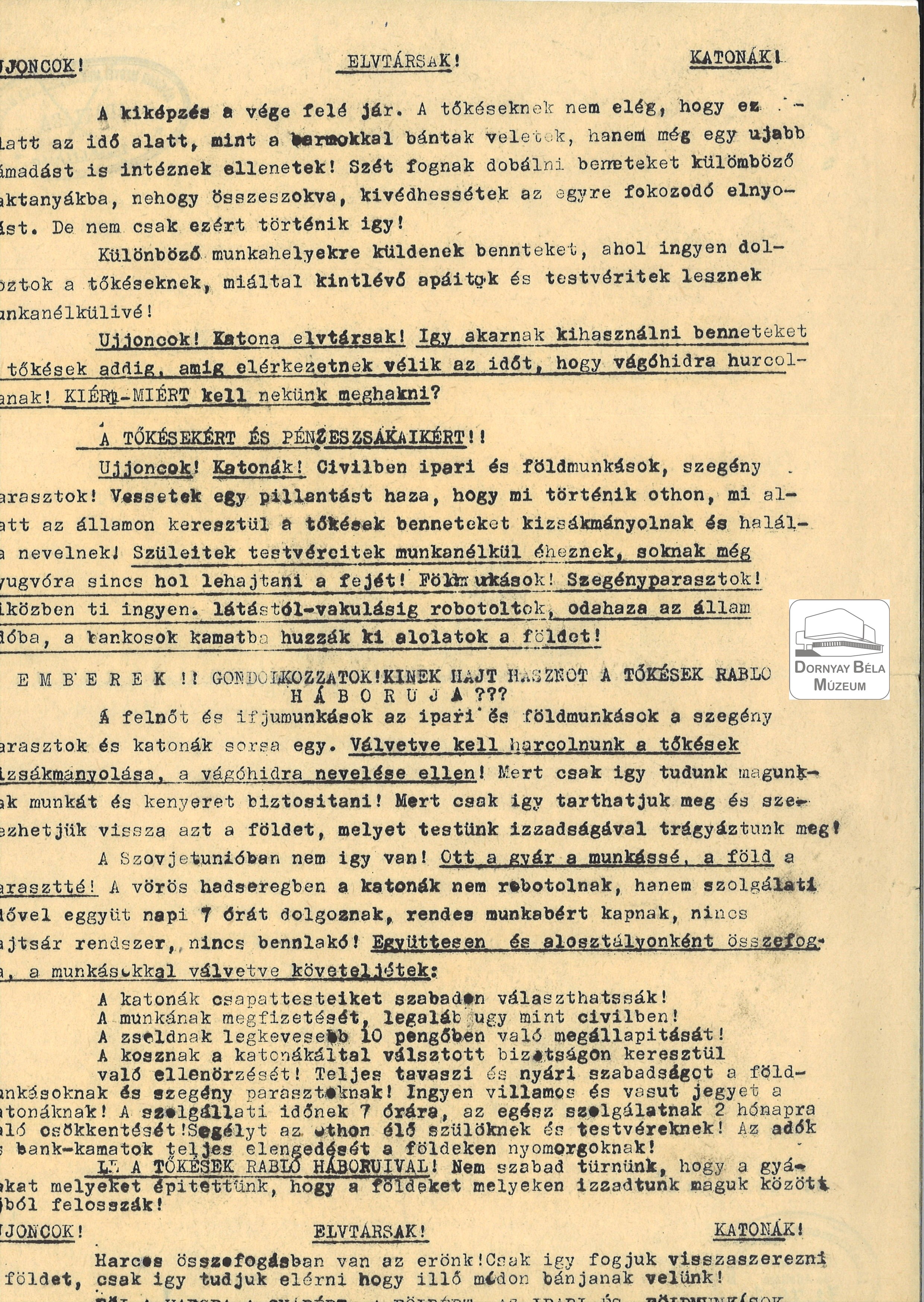 A KIMSZ felhívása az újoncokhoz, katonákhoz (Dornyay Béla Múzeum, Salgótarján CC BY-NC-SA)