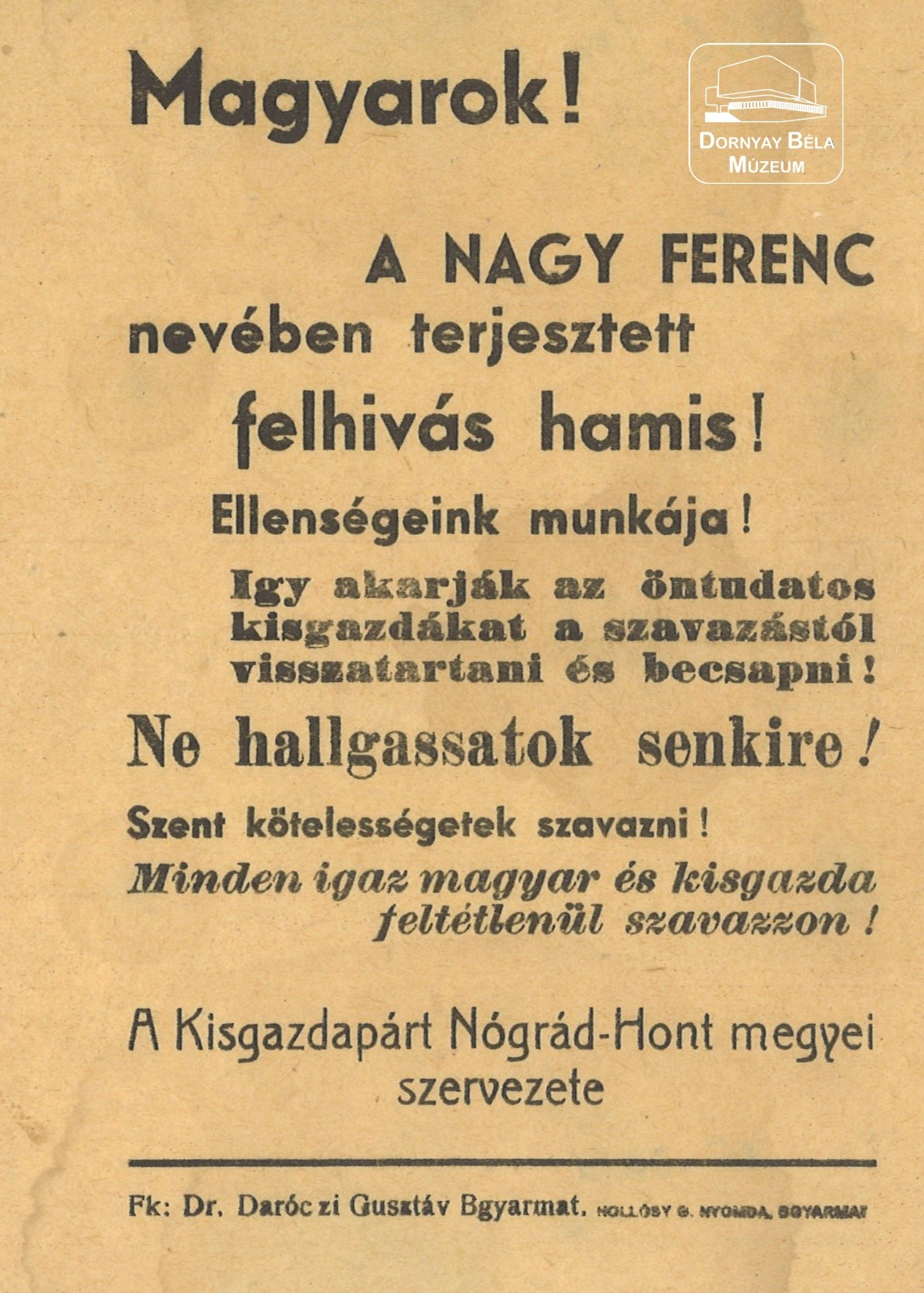 A Kisgazdapárt 1947-es választási felhívása (megyei röplap) (Dornyay Béla Múzeum, Salgótarján CC BY-NC-SA)