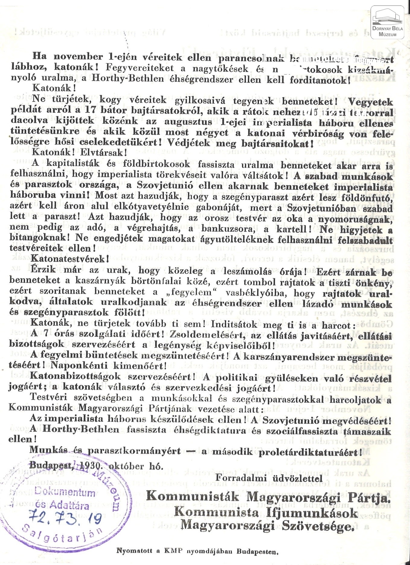 A KMP és a KIMSZ felhívása a katonákhoz a november 1-i éhségfelvonulásra (Dornyay Béla Múzeum, Salgótarján CC BY-NC-SA)