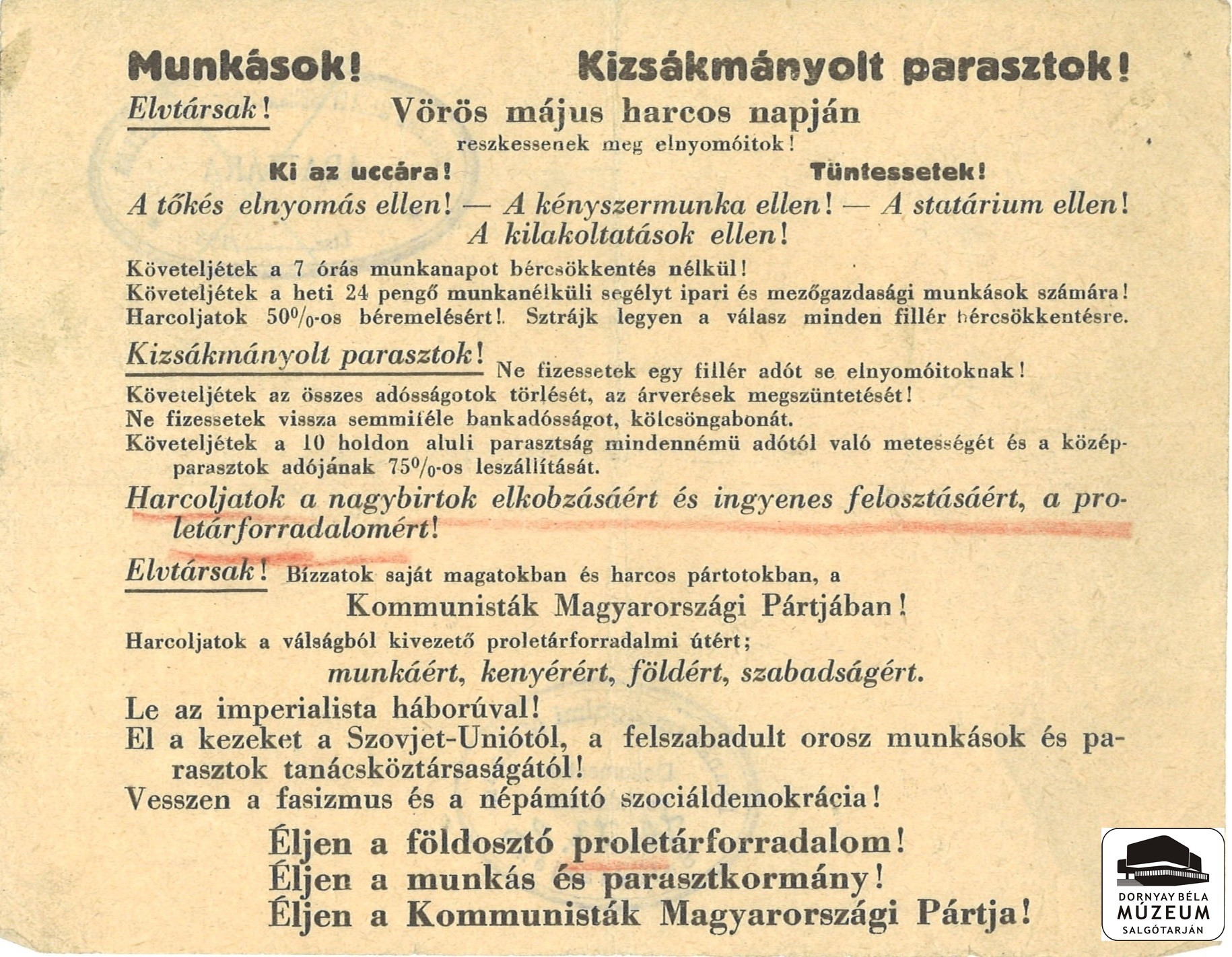 A KMP felhívása május 1. megünneplésére (Dornyay Béla Múzeum, Salgótarján CC BY-NC-SA)