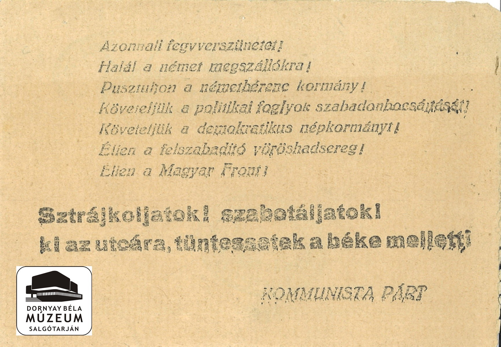 A KP követelései. (Dornyay Béla Múzeum, Salgótarján CC BY-NC-SA)