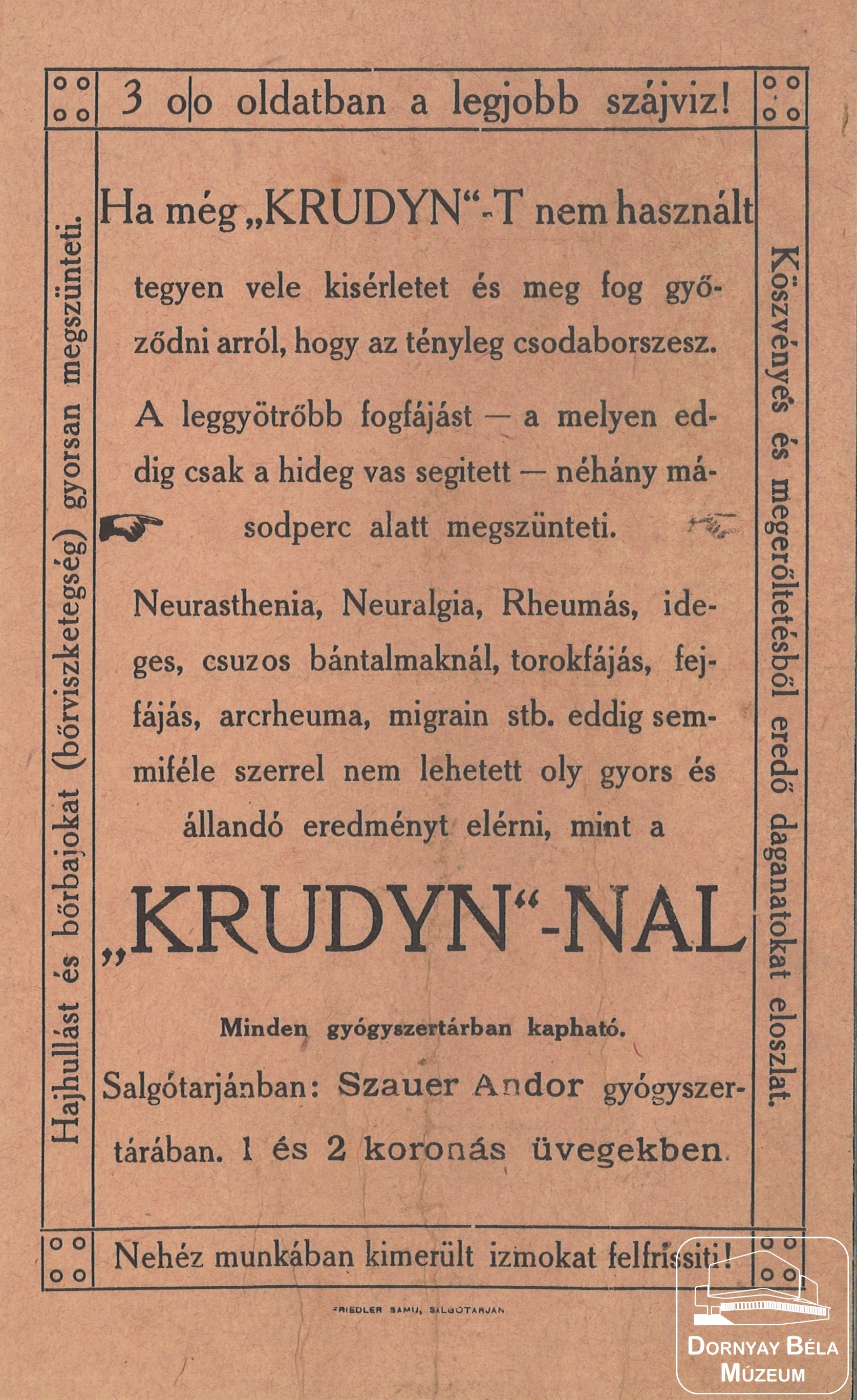 A „krudyn” -féle sósborszeszt reklámozó röplap. (Dornyay Béla Múzeum, Salgótarján CC BY-NC-SA)