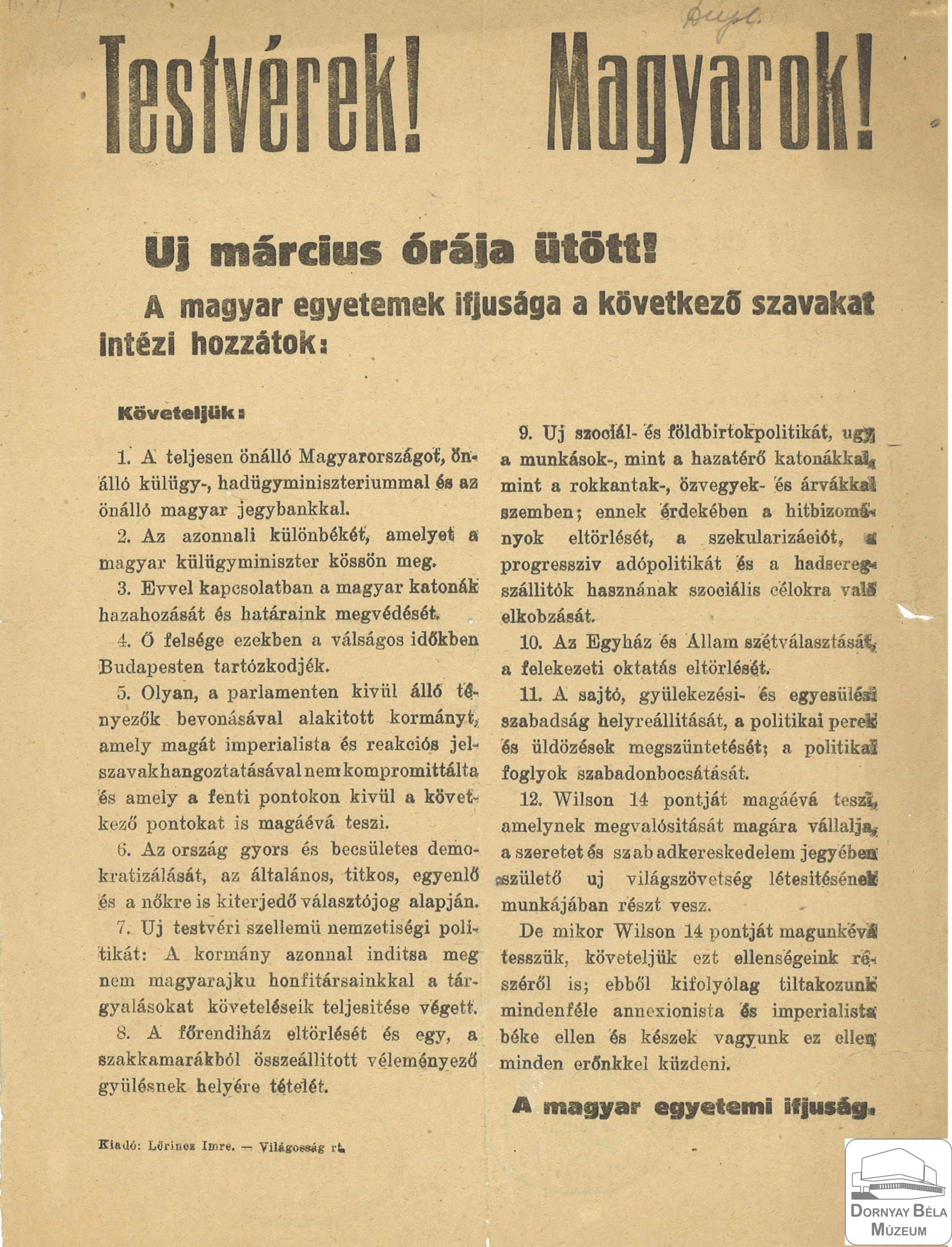 A magyar egyetemi ifjúság felhívása (Dornyay Béla Múzeum, Salgótarján CC BY-NC-SA)