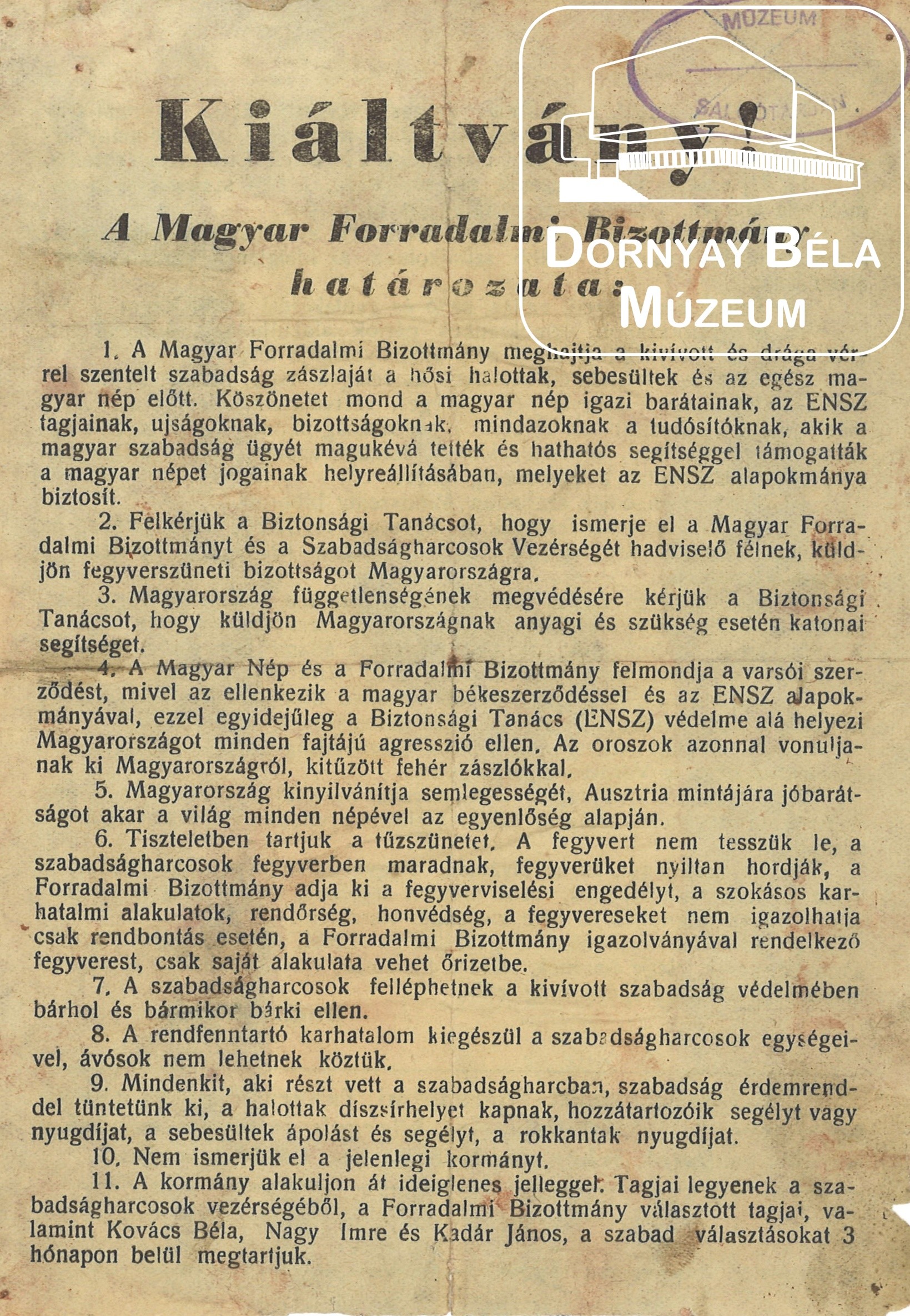 A Magyar Forradalmi Bizottmány Kiáltványa. (Dornyay Béla Múzeum, Salgótarján CC BY-NC-SA)