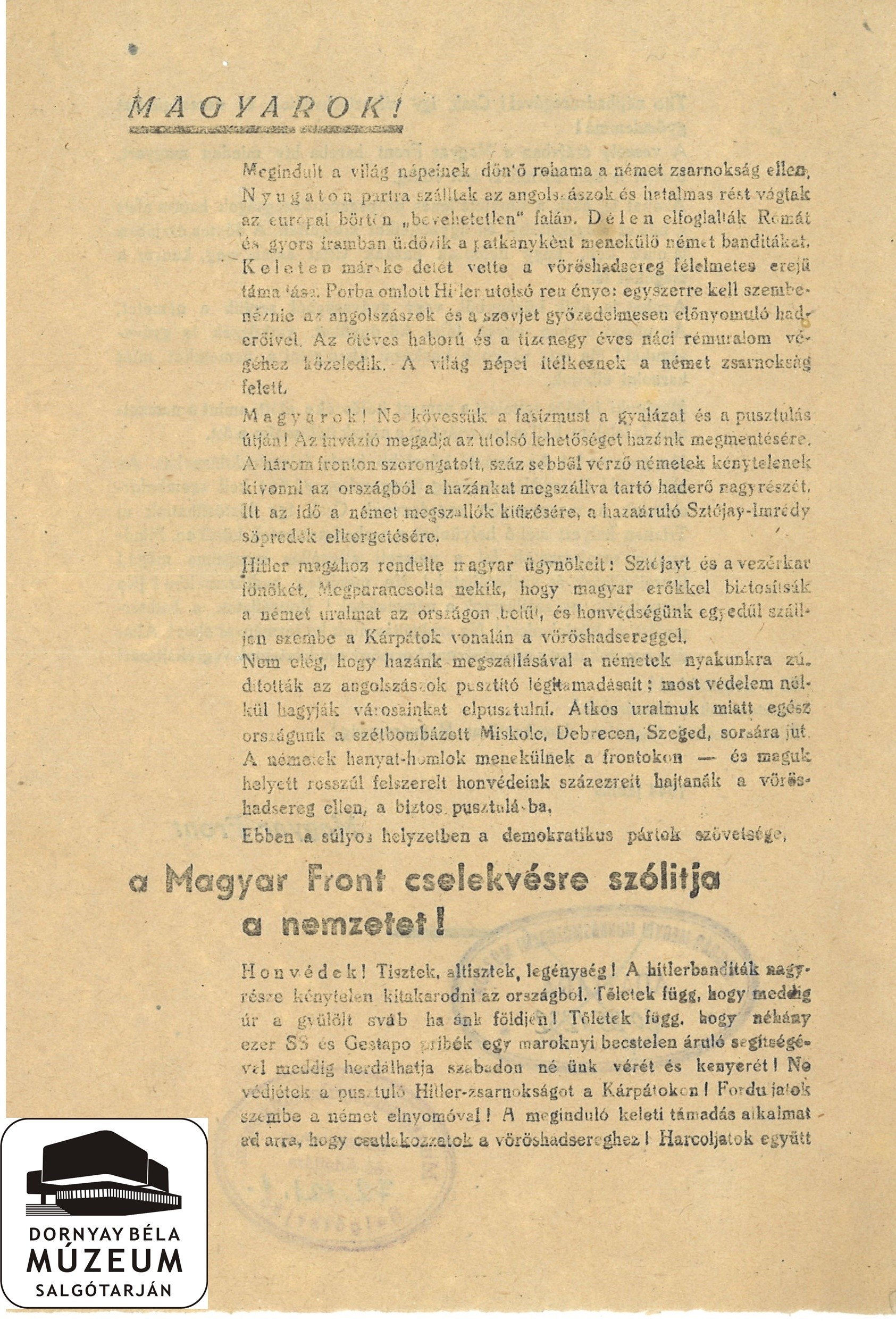 A Magyar Front felhívása (Dornyay Béla Múzeum, Salgótarján CC BY-NC-SA)