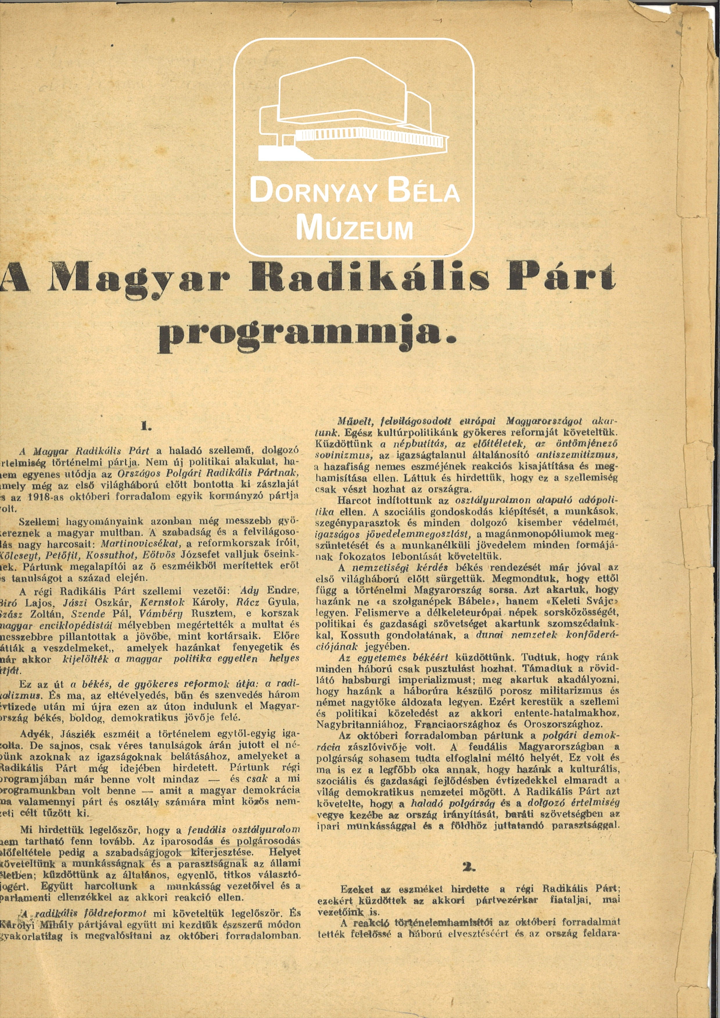 A Magyar Radikális Párt programja. (Dornyay Béla Múzeum, Salgótarján CC BY-NC-SA)