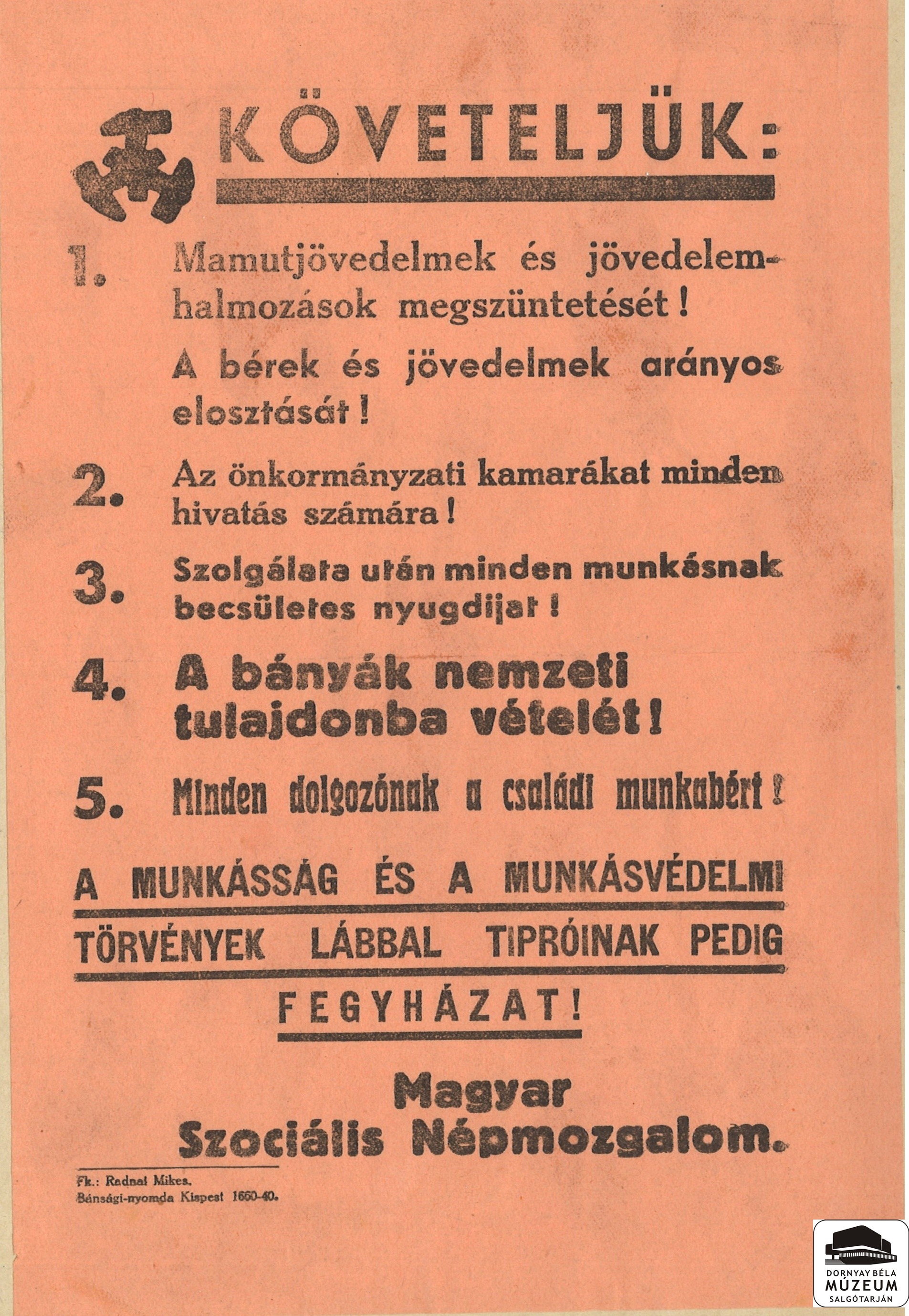 A Magyar Szociális népmozgalom követelése (Dornyay Béla Múzeum, Salgótarján CC BY-NC-SA)