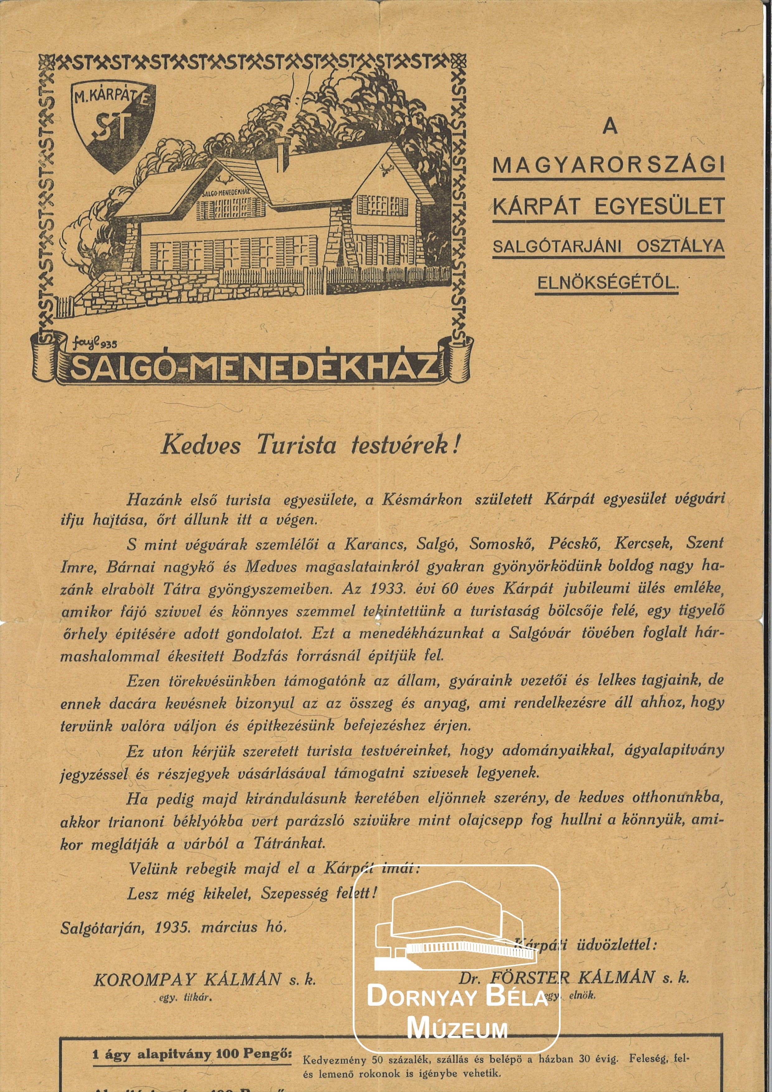 A Magyarországi Kárpát Egyesület Salgótarjáni Osztálya Elnökségének felhívása. (Dornyay Béla Múzeum, Salgótarján CC BY-NC-SA)
