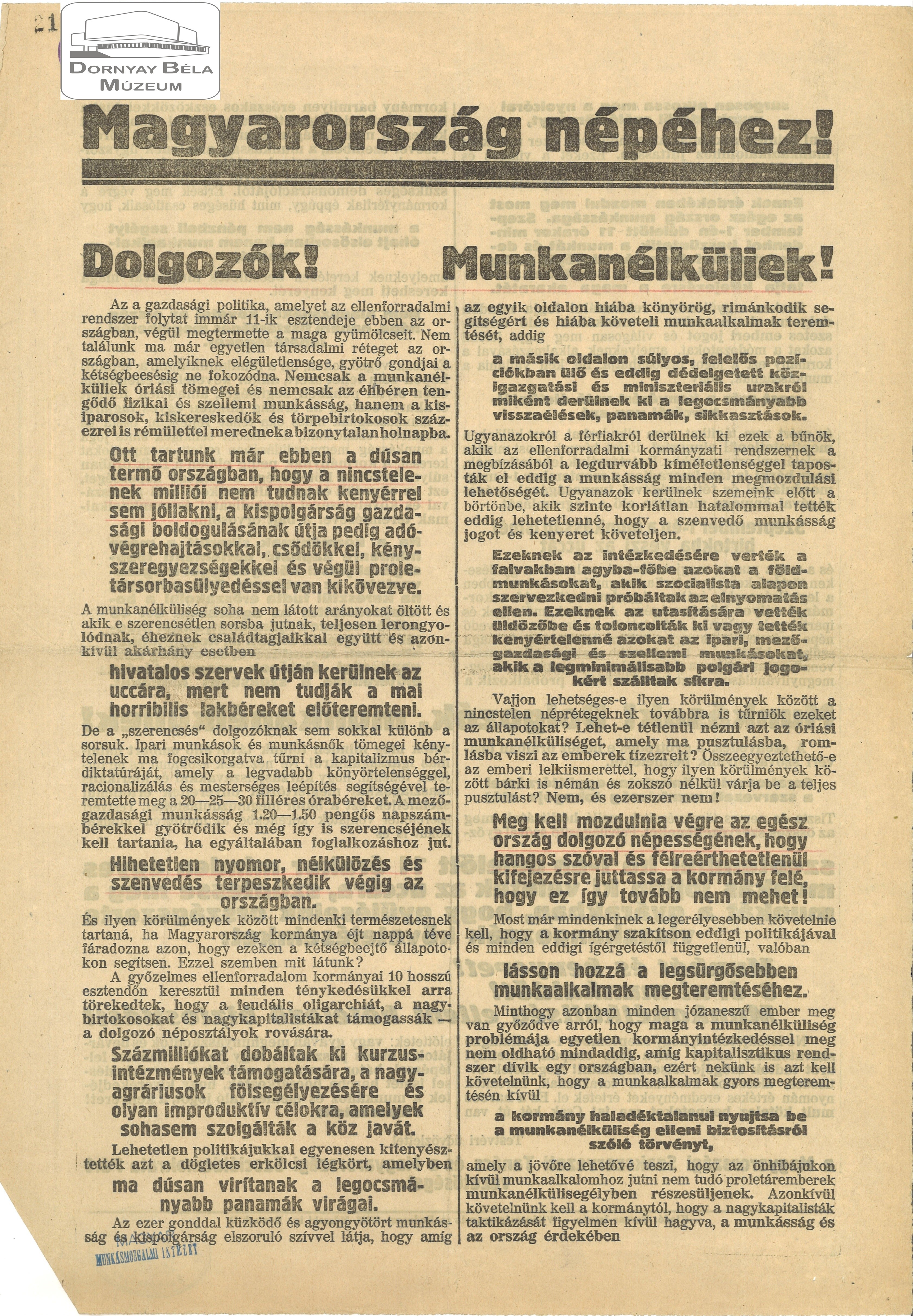 A Magyarországi Szakszervezeti Tanács és a MSZDP vezetőségeinek felhívása (Dornyay Béla Múzeum, Salgótarján CC BY-NC-SA)