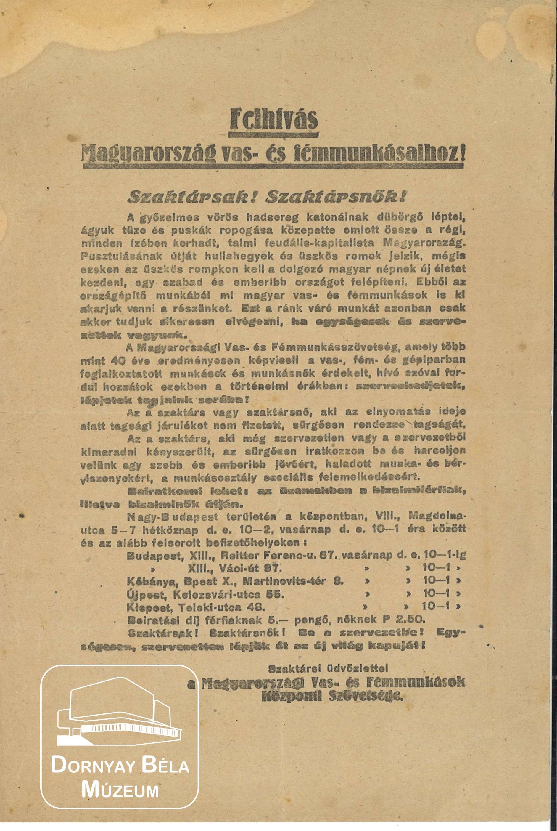 A Magyarországi Vas-és Fémmunkások Szakszervezetének felhívása a vas-és fémmunkásokhoz. (Dornyay Béla Múzeum, Salgótarján CC BY-NC-SA)