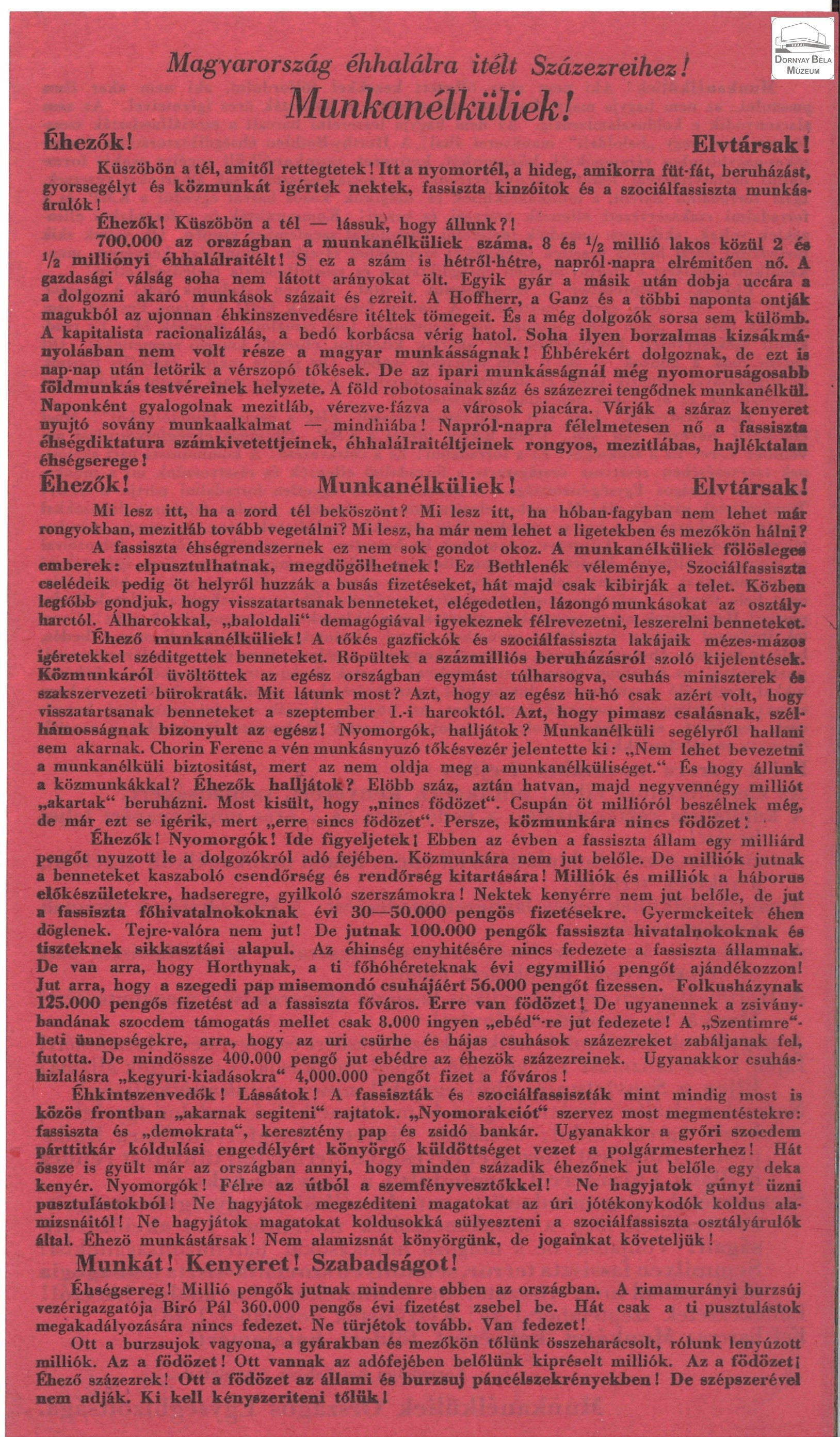 A munkanélküliek országos egységbizottságának felhívása a munkanélküliekhez (Dornyay Béla Múzeum, Salgótarján CC BY-NC-SA)