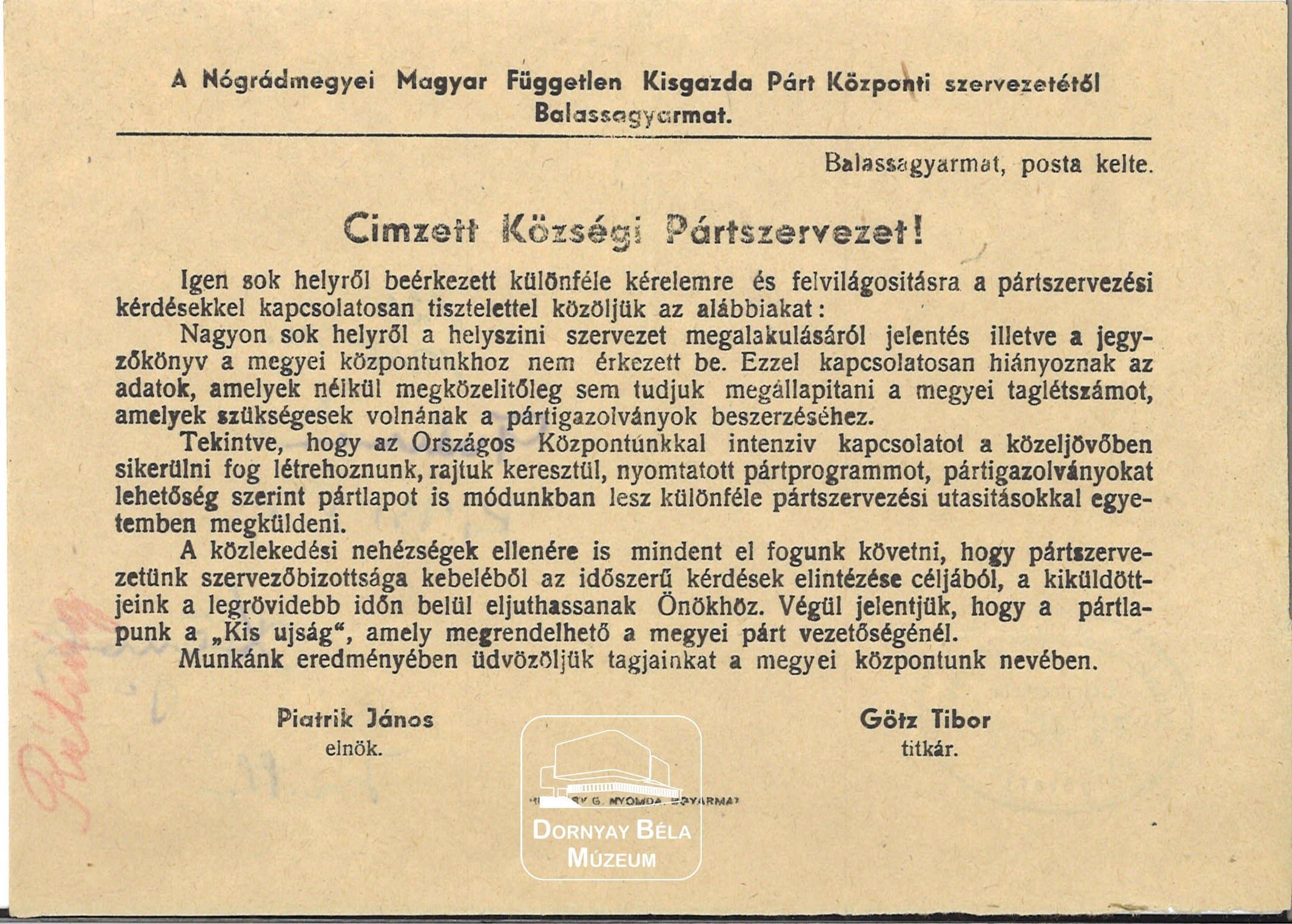 A Nm-i Magyar Független Kisgazda Párt, jelentés kérés. (Dornyay Béla Múzeum, Salgótarján CC BY-NC-SA)