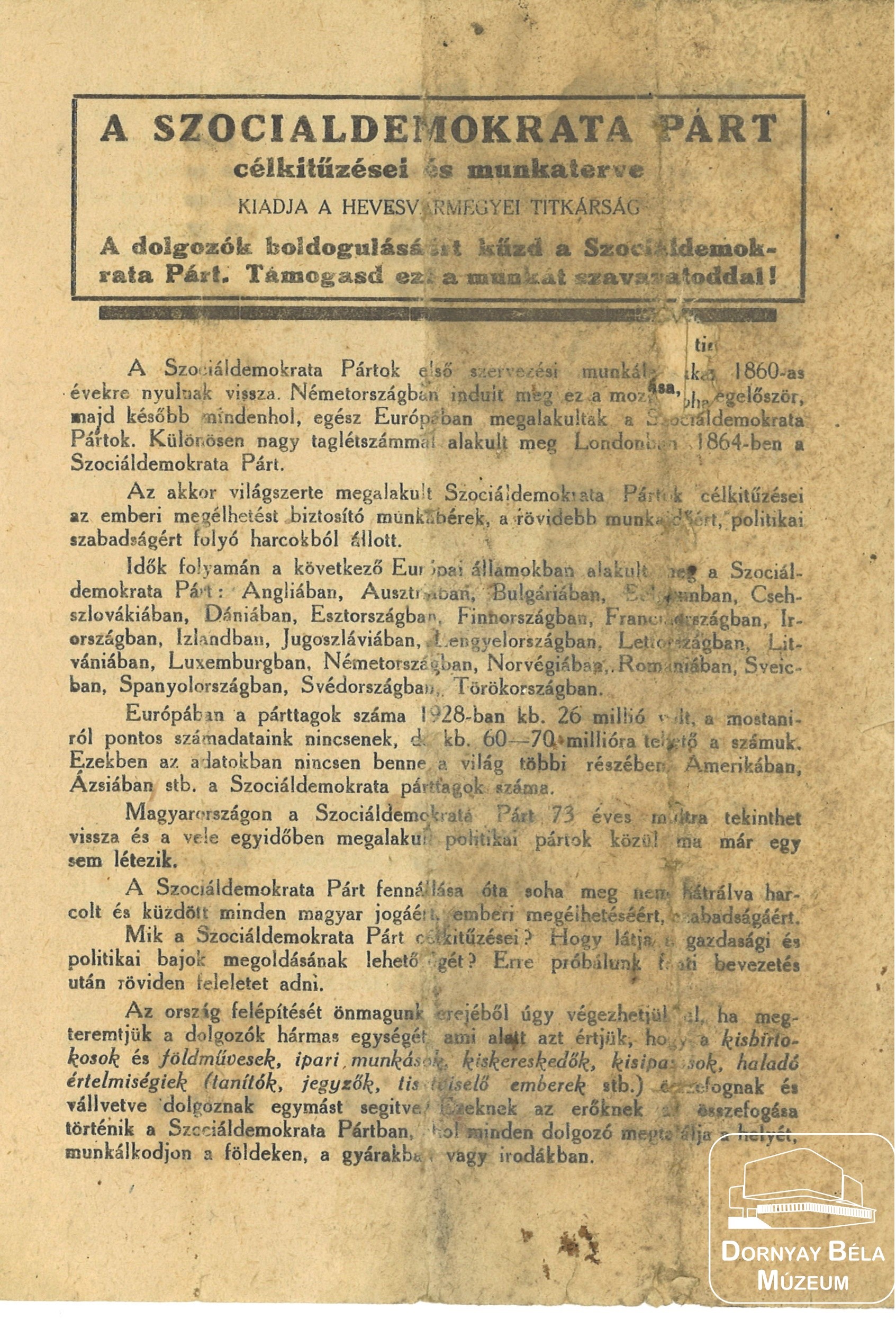 A szociáldemokrata párt célkitűzései és munkaterve. (Dornyay Béla Múzeum, Salgótarján CC BY-NC-SA)