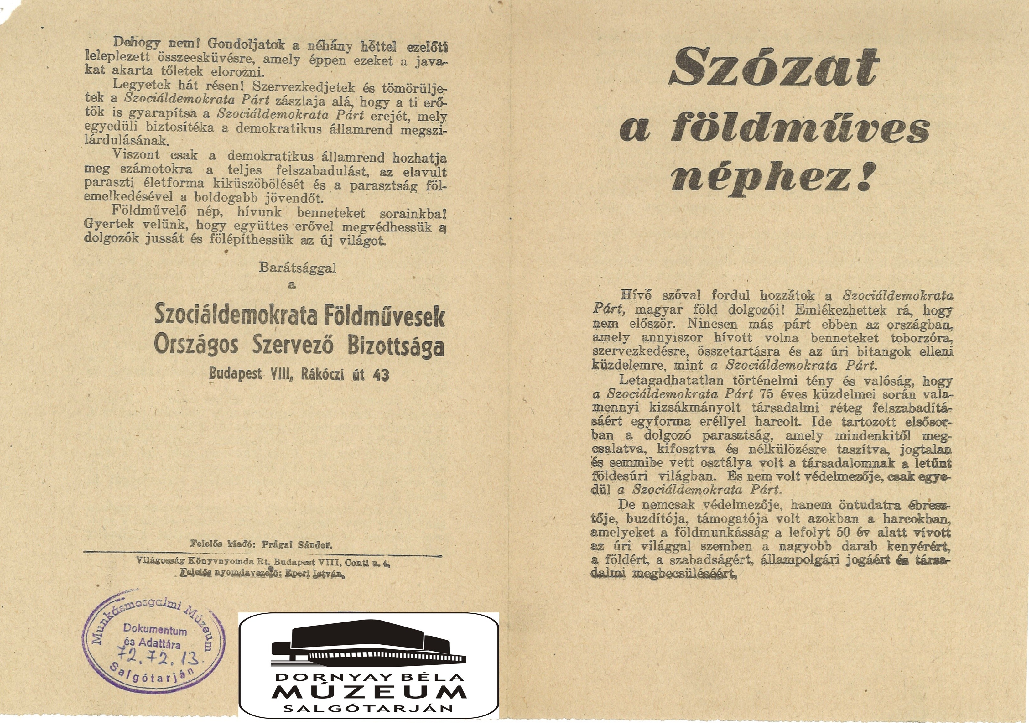 A Szociáldemokrata Párt felhívása a földműves néphez (Dornyay Béla Múzeum, Salgótarján CC BY-NC-SA)