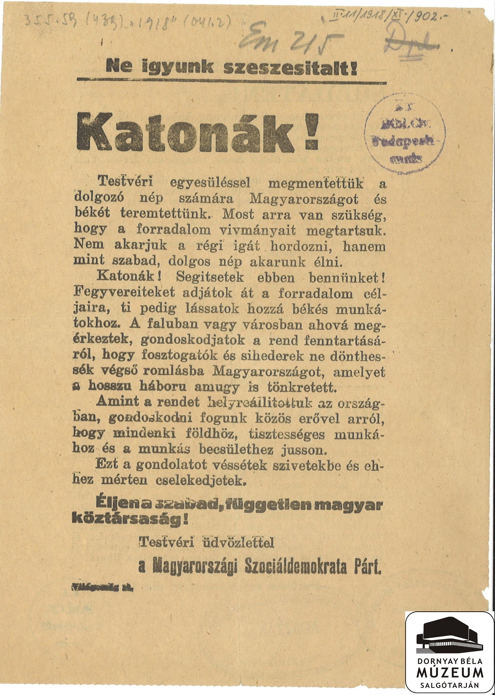 A Szociáldemokrata Párt felhívása a katonákhoz (Dornyay Béla Múzeum, Salgótarján CC BY-NC-SA)