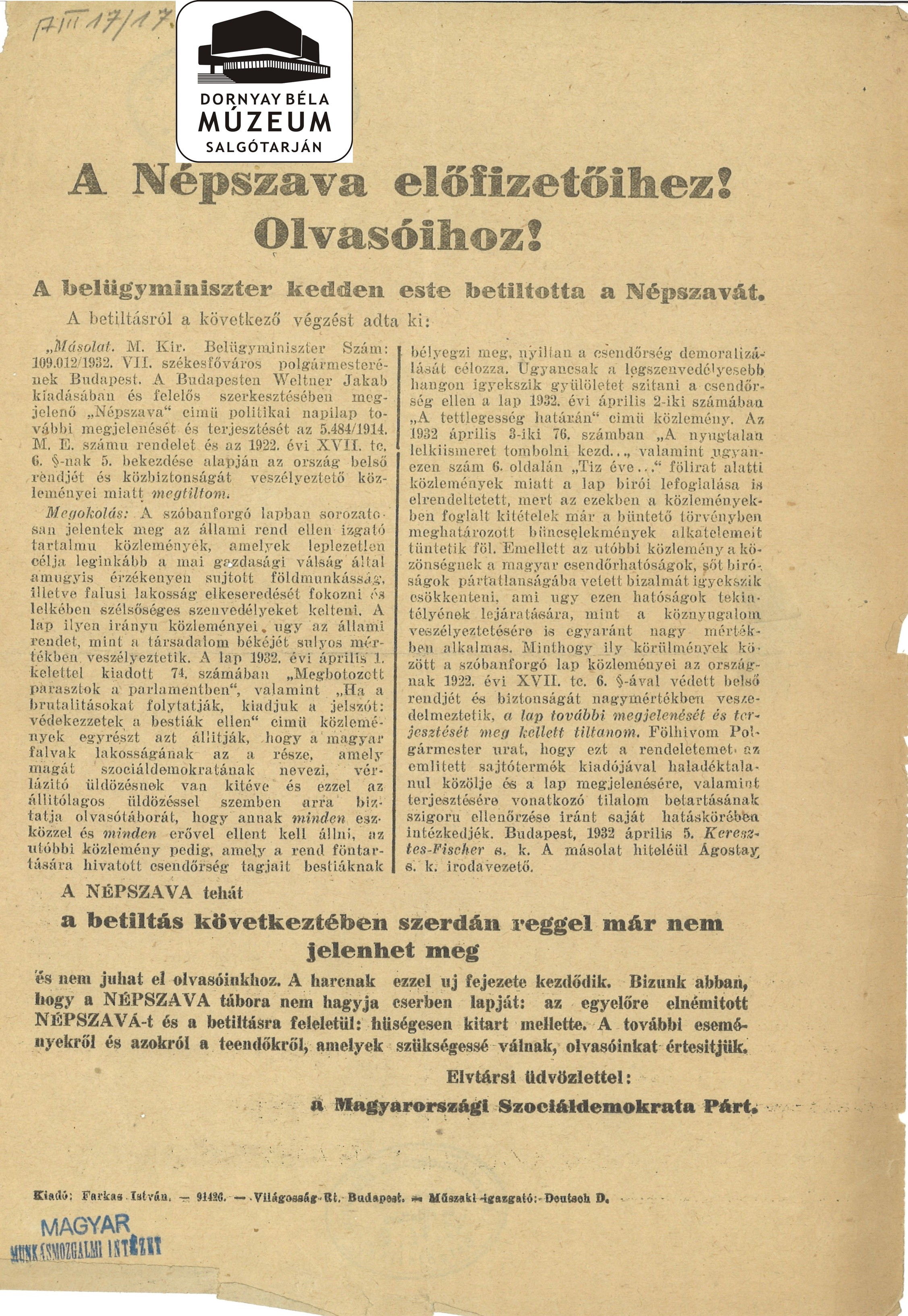 A Szociáldemokrata Párt felhívása a Népszava előfizetőihez (Dornyay Béla Múzeum, Salgótarján CC BY-NC-SA)