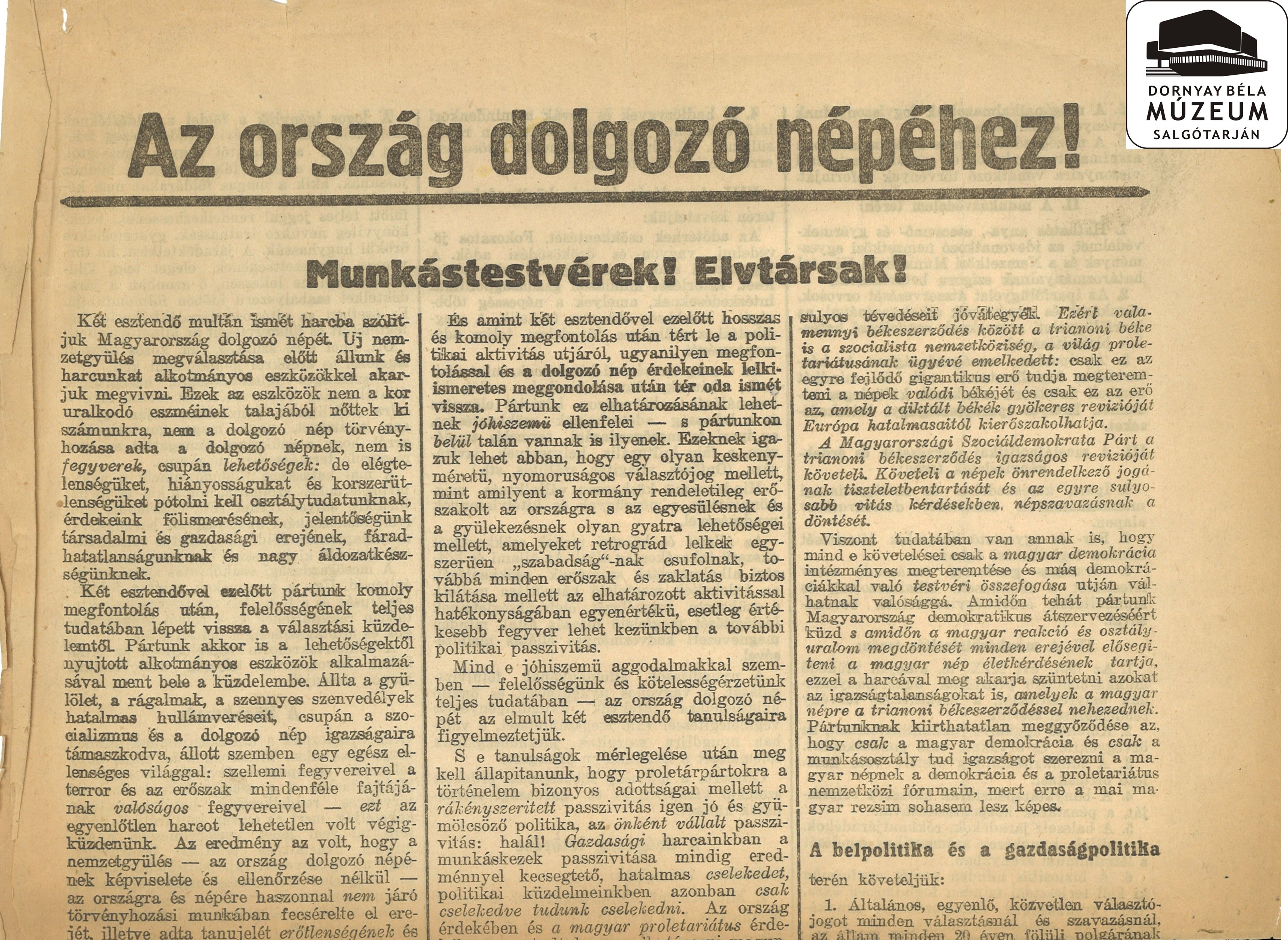 A Szociáldemokrata Párt felhívása az ország dolgozó népéhez (Dornyay Béla Múzeum, Salgótarján CC BY-NC-SA)