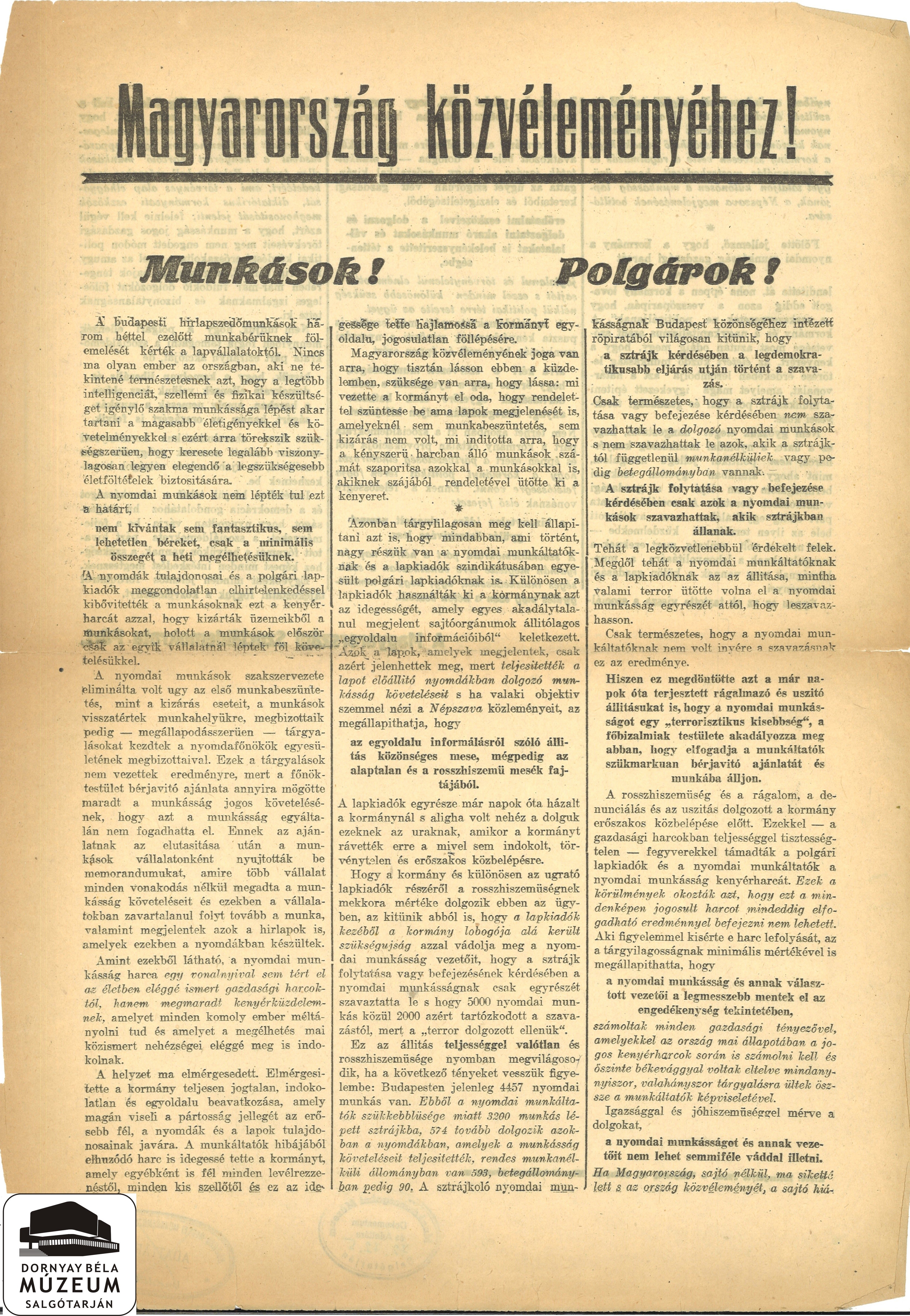 A Szociáldemokrata Párt felhívása Magyarország Közvéleményéhez (Dornyay Béla Múzeum, Salgótarján CC BY-NC-SA)