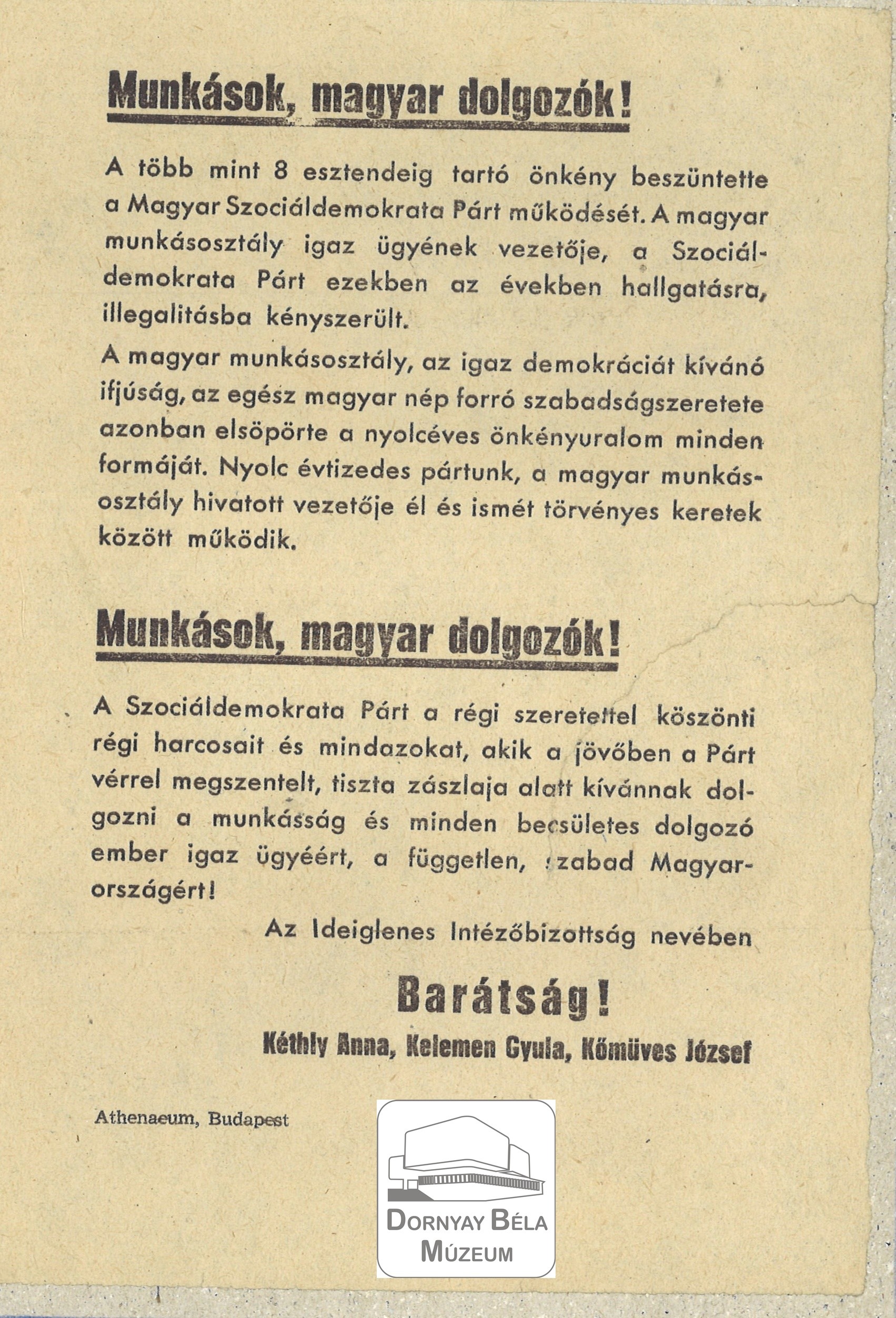 A szociáldemokrata Párt Ideiglenes Int.bizottságának felhívása. (Dornyay Béla Múzeum, Salgótarján CC BY-NC-SA)