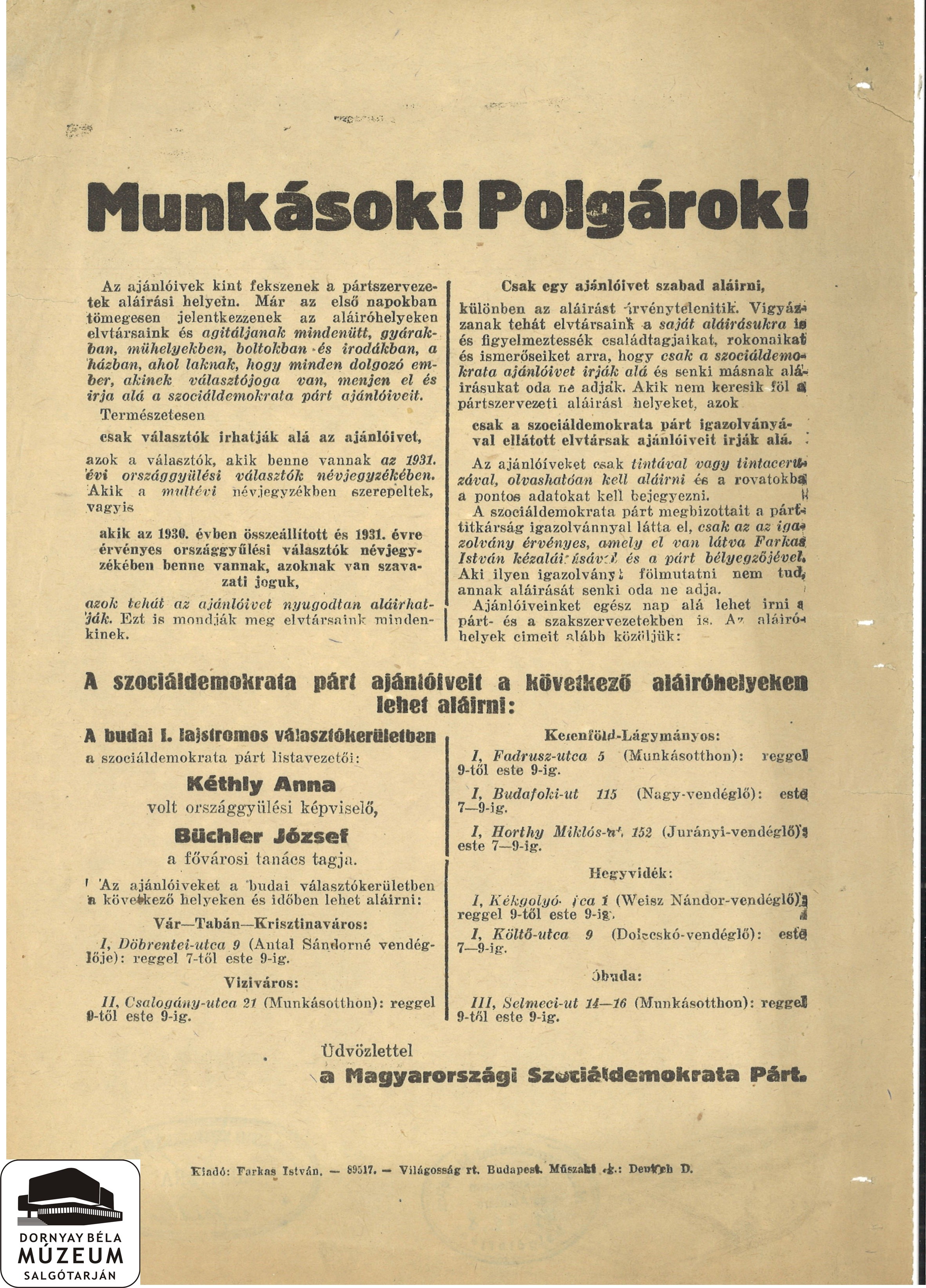 A Szociáldemokrata Párt vezetőségének felhívása ajánlóíveinek aláírására (Dornyay Béla Múzeum, Salgótarján CC BY-NC-SA)
