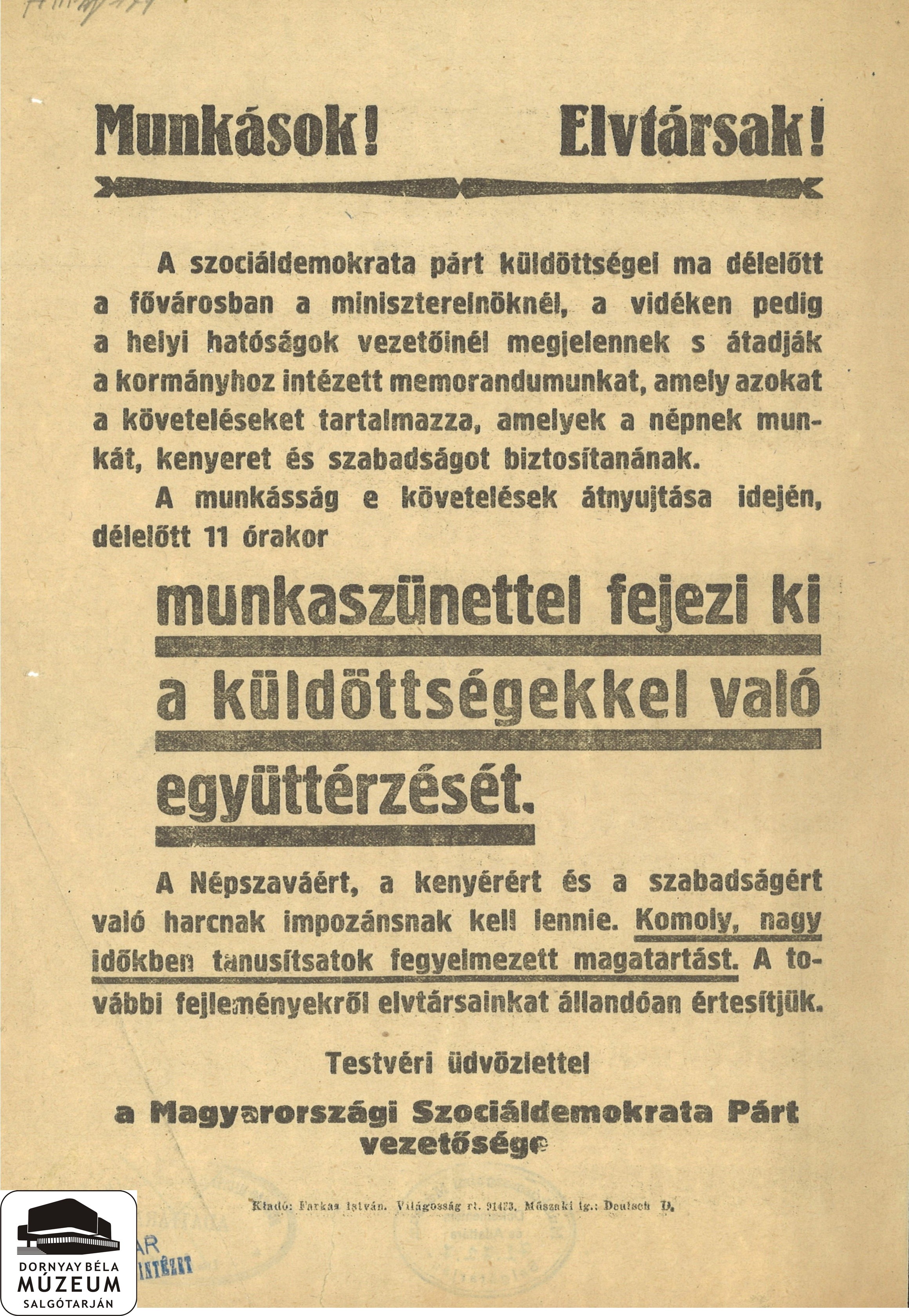 A Szociáldemokrata Párt vezetőségének felhívása munkaszünetre (Dornyay Béla Múzeum, Salgótarján CC BY-NC-SA)
