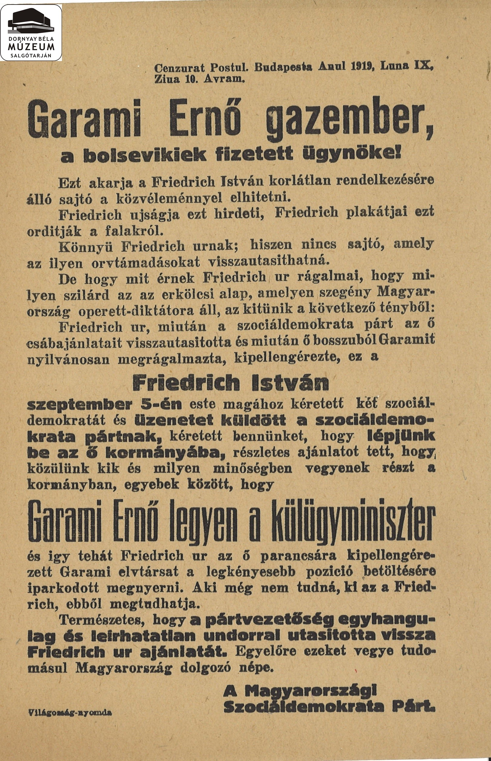 A Szociáldemokrata Párt visszautasítja a kormányban való részvételt (Dornyay Béla Múzeum, Salgótarján CC BY-NC-SA)