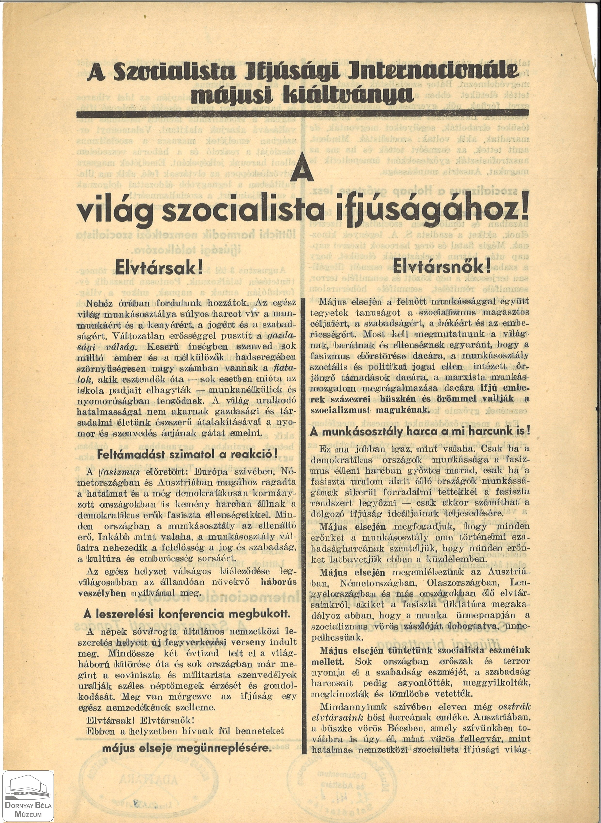 A Szocialista Ifjúsági Internacionálé májusi kiadványa a világ szocialista ifjúságához (Dornyay Béla Múzeum, Salgótarján CC BY-NC-SA)