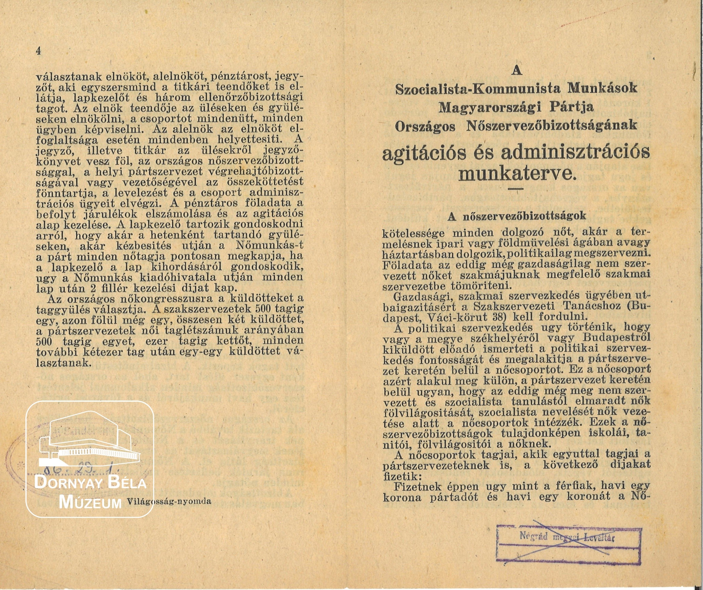 A Szocialista- Kommunista Munkások Magyarországi Pártja Országos Női szerv.bizottságának agitációs és adminisztrációs munkaterve. (Dornyay Béla Múzeum, Salgótarján CC BY-NC-SA)