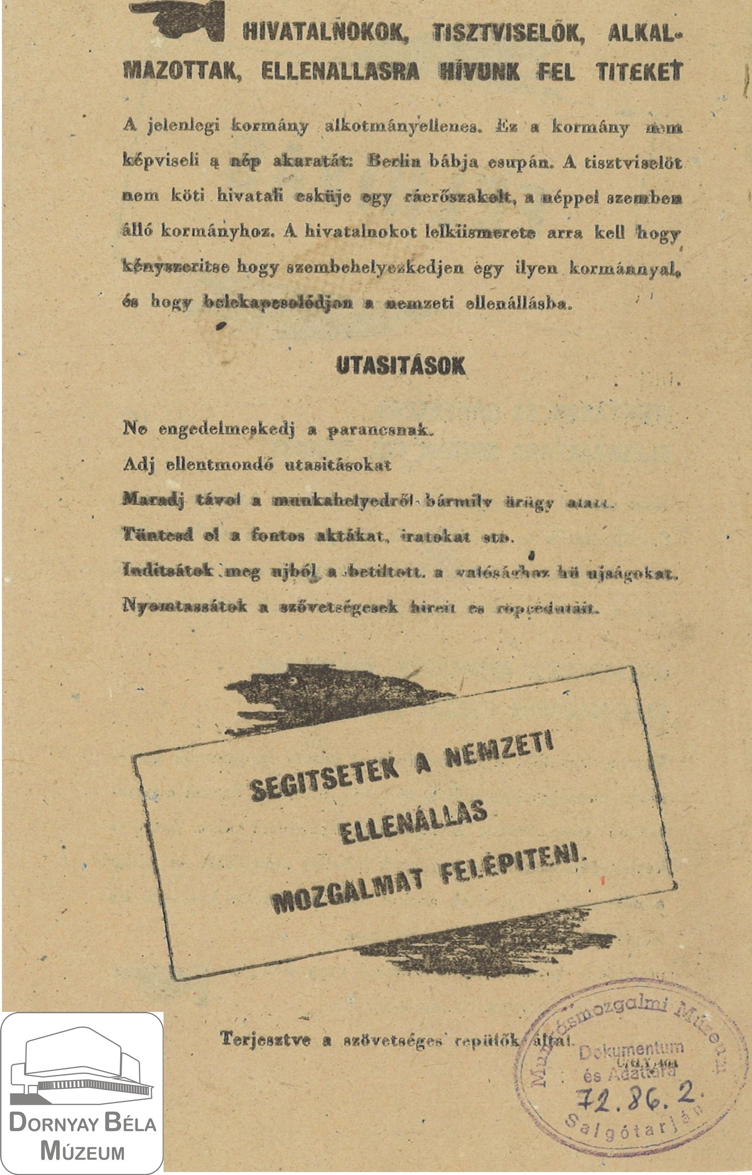 A szövetséges hatalmak felhívása a nemzeti ellenállási mozgalom megszervezésére. (Dornyay Béla Múzeum, Salgótarján CC BY-NC-SA)