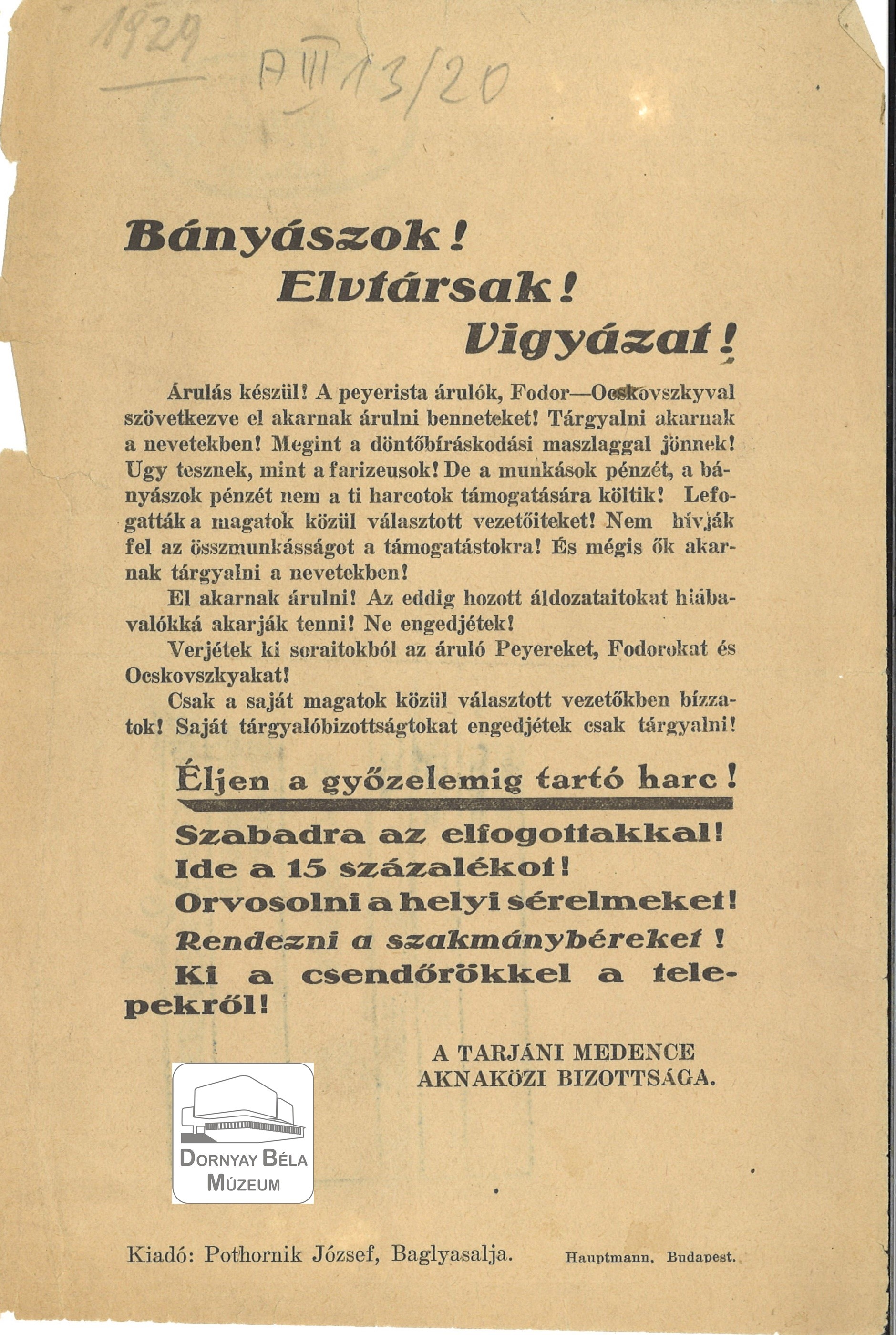 A tarjáni medence aknaközi bizottságának felhívása a bányászokhoz (Dornyay Béla Múzeum, Salgótarján CC BY-NC-SA)
