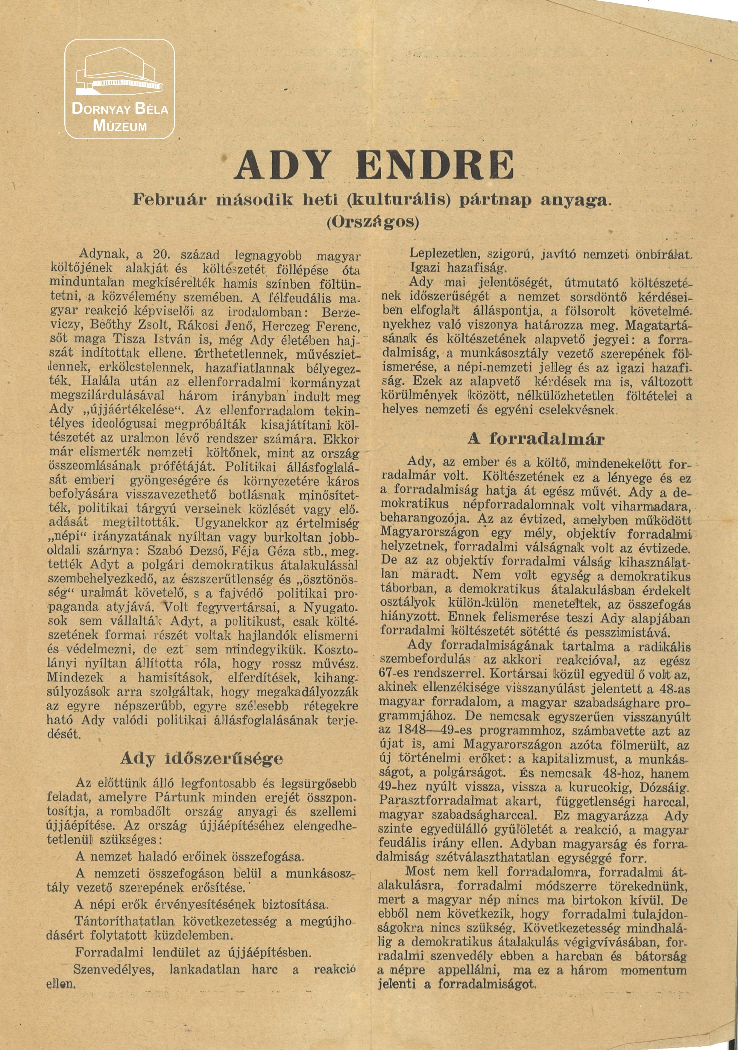 Ady Endre. Február második heti (kulturális) pártnap anyaga. (Dornyay Béla Múzeum, Salgótarján CC BY-NC-SA)