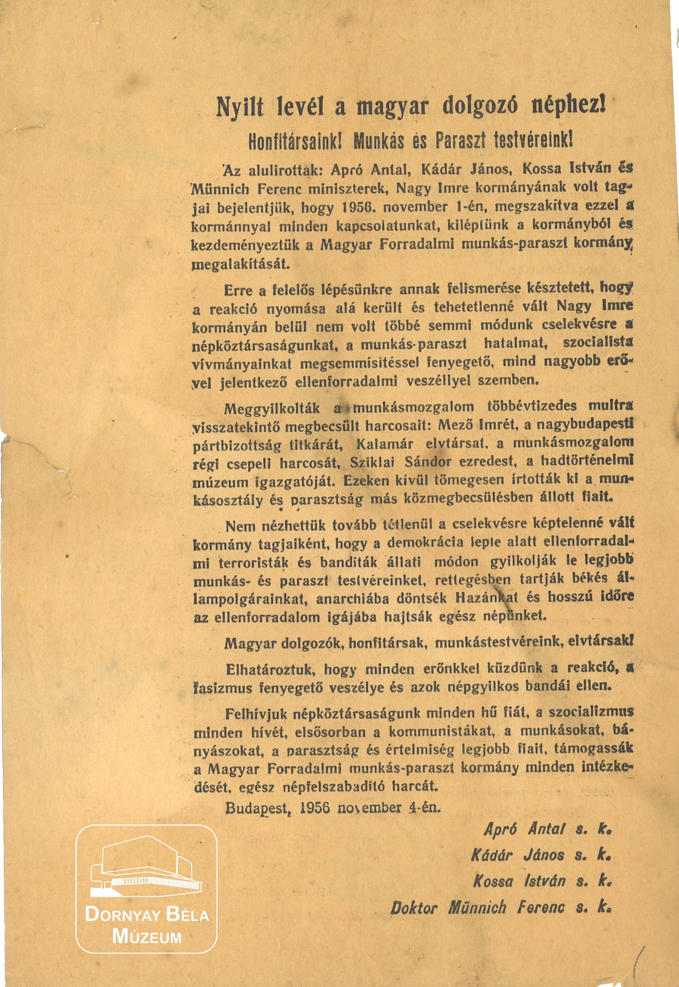 Apró, Kádár, Kossa, Münnich nyílt levele a magyar dolgozó néphez. (Dornyay Béla Múzeum, Salgótarján CC BY-NC-SA)