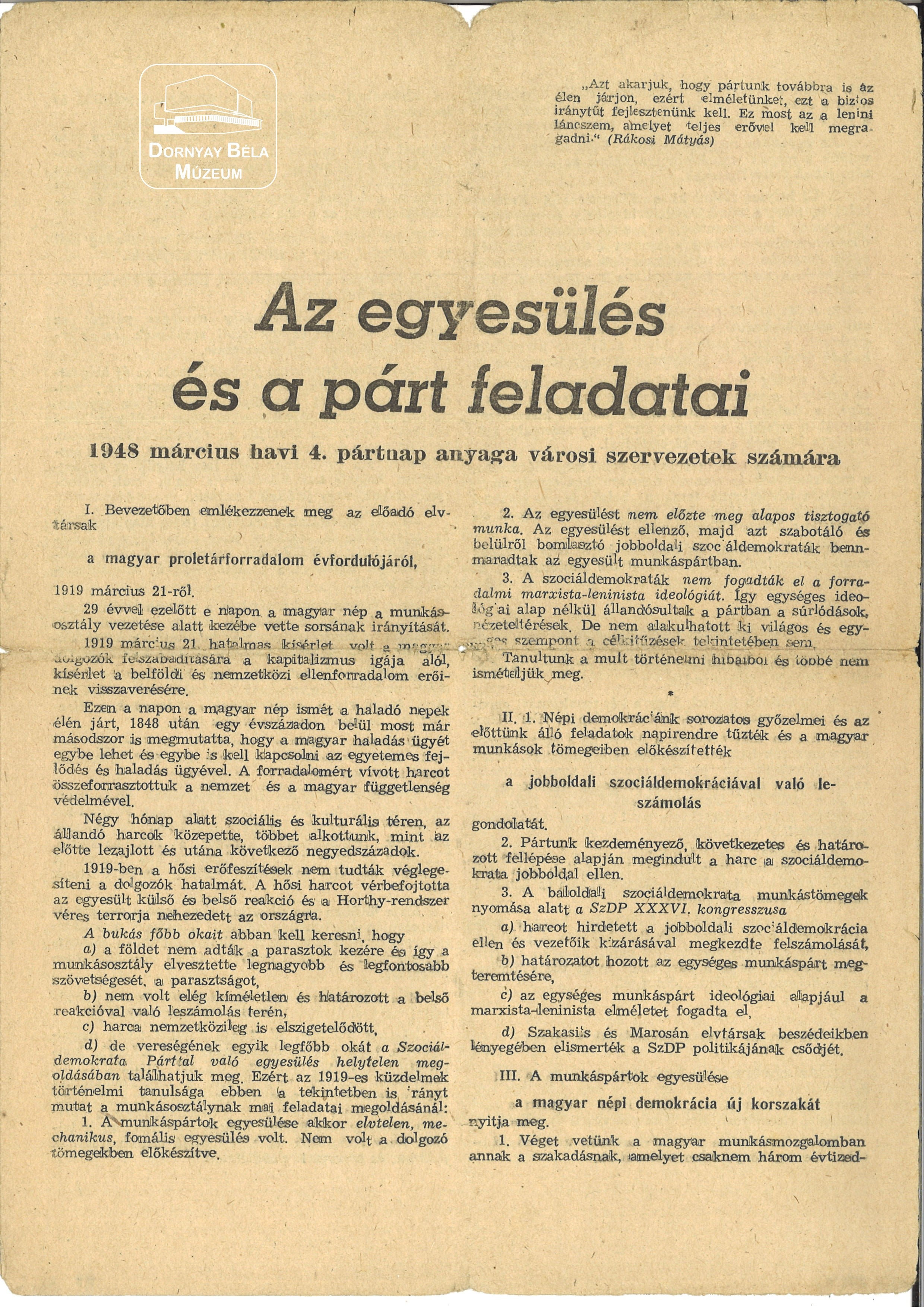 Az egyesülés és a párt feladatai 1948. március havi 4. pártnap anyaga városi szervezetek számára. (Dornyay Béla Múzeum, Salgótarján CC BY-NC-SA)