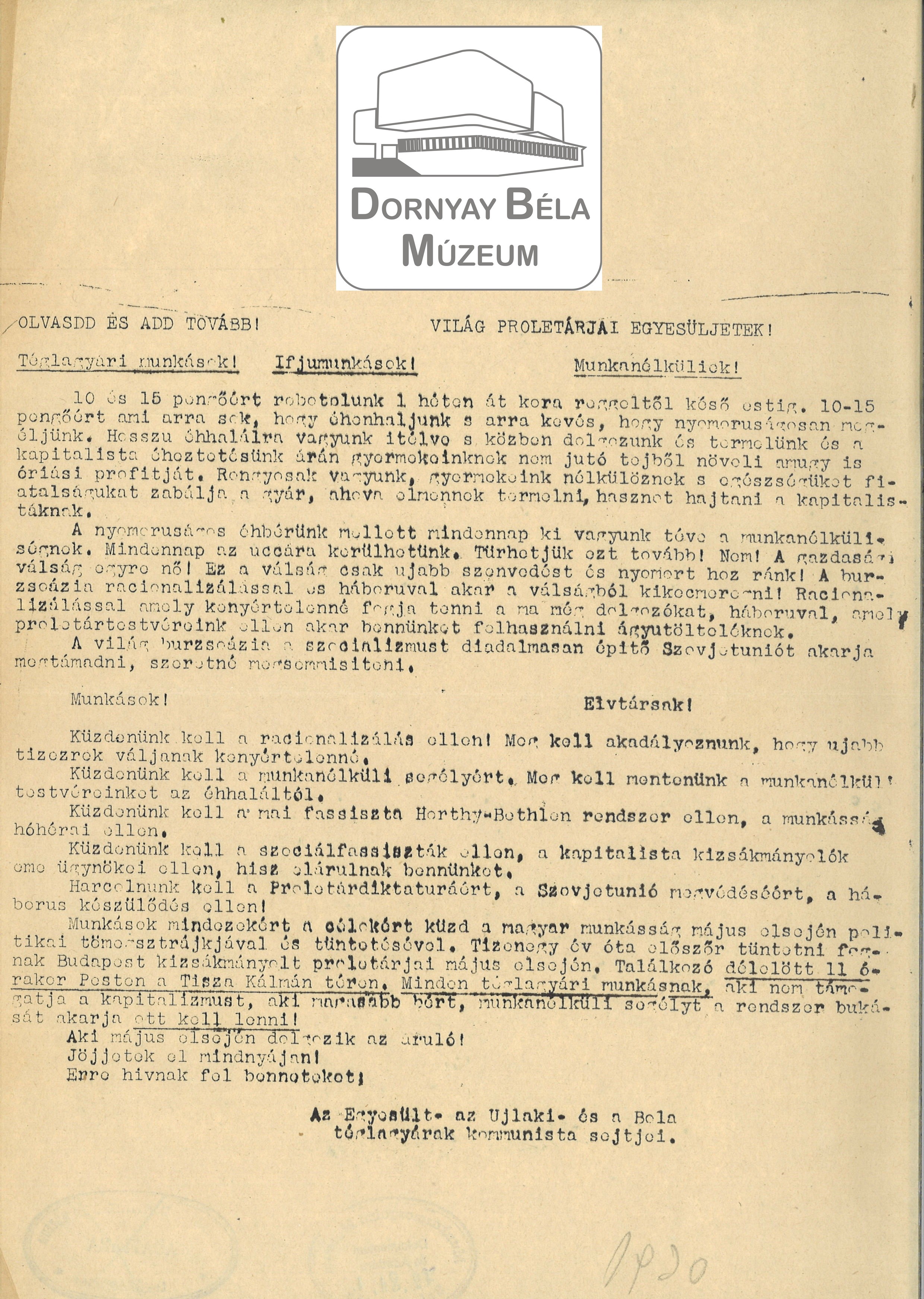 Az Egyesült – az Újlaki és a Béla téglagyárak kommunista sejtjeinek röpirata. (Dornyay Béla Múzeum, Salgótarján CC BY-NC-SA)