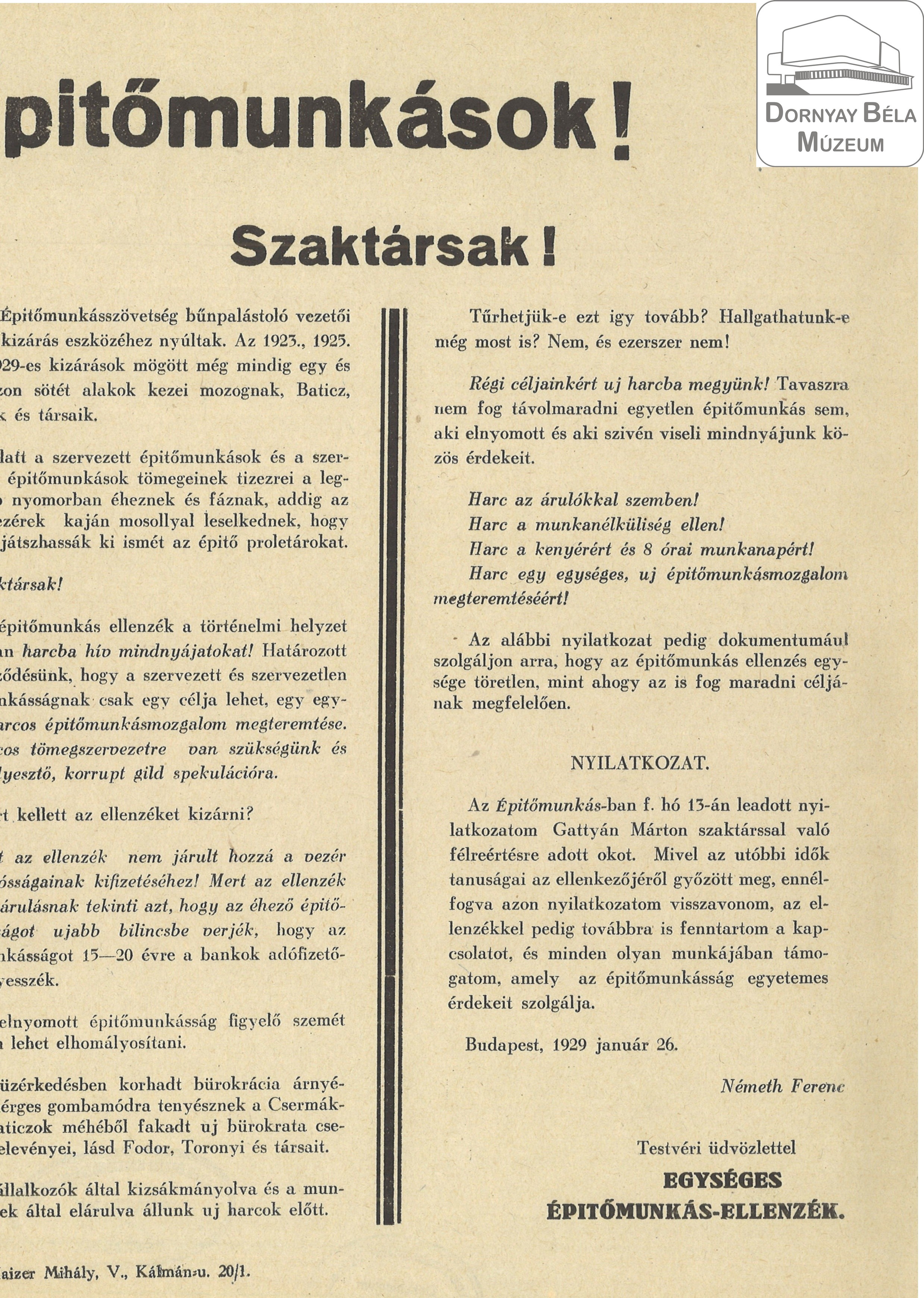 Az Egységes Építőmunkás-ellenzék felhívása (Dornyay Béla Múzeum, Salgótarján CC BY-NC-SA)
