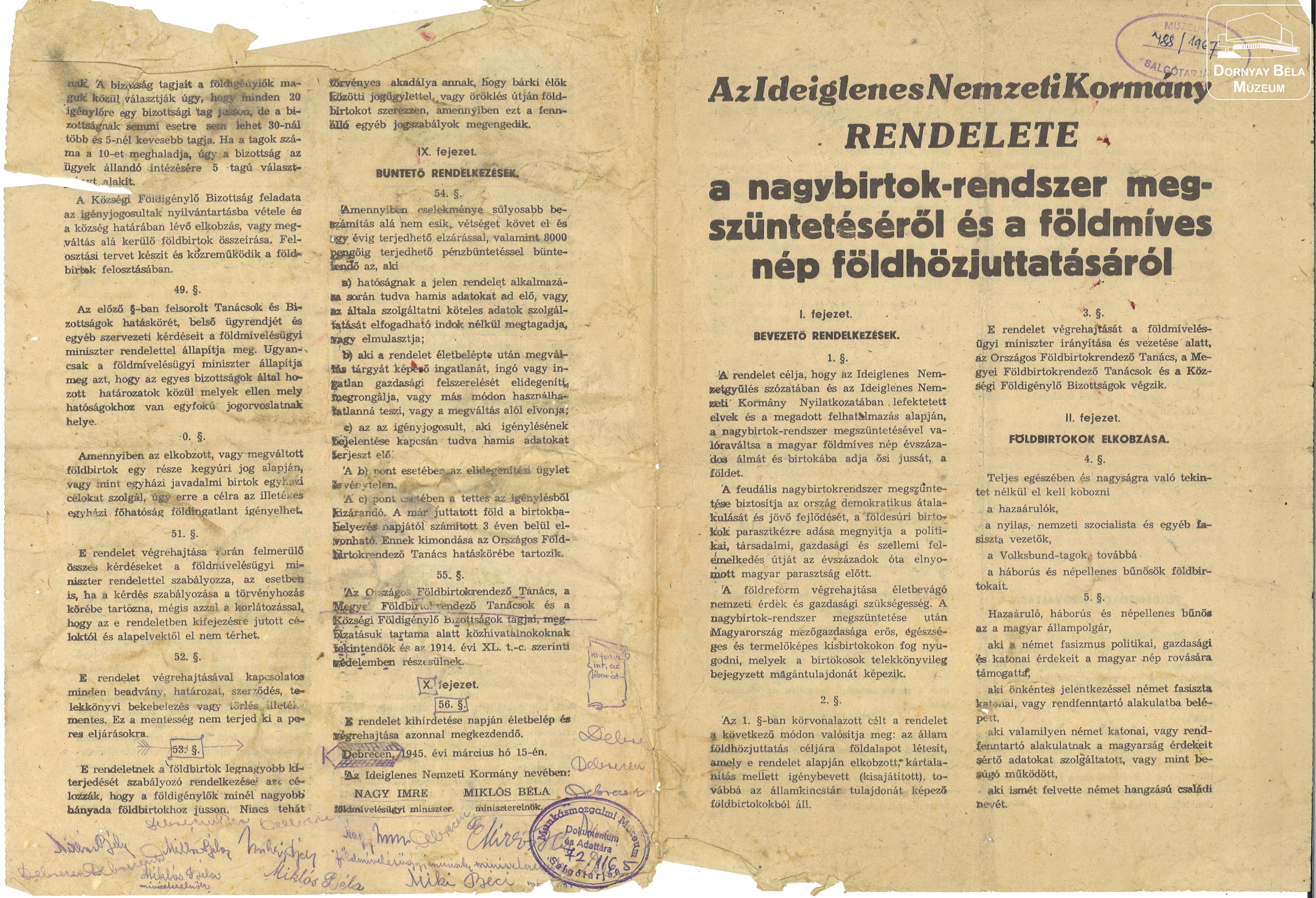 Az ideiglenes Nemzeti Kormány rendelete a nagybirtok-rendszer megszüntetéséről, földosztásról. (Dornyay Béla Múzeum, Salgótarján CC BY-NC-SA)