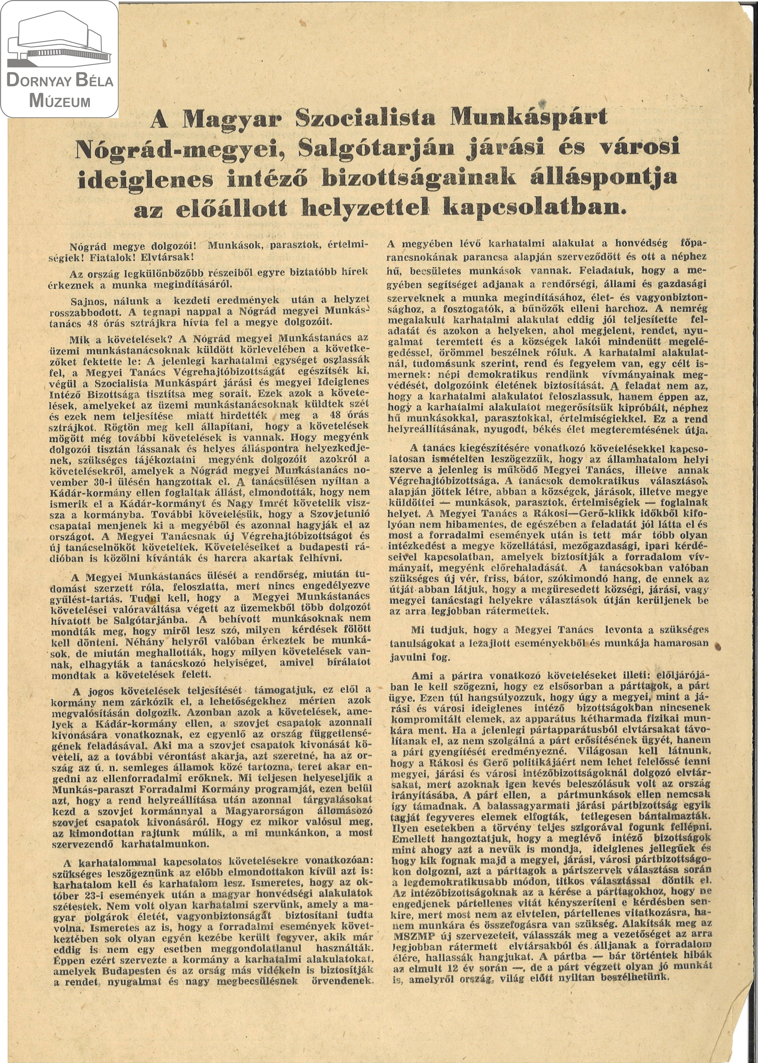 AZ MSZMP megyei, járási és városi ideiglenes Intéző Bizottságának állásfoglalása. (Dornyay Béla Múzeum, Salgótarján CC BY-NC-SA)
