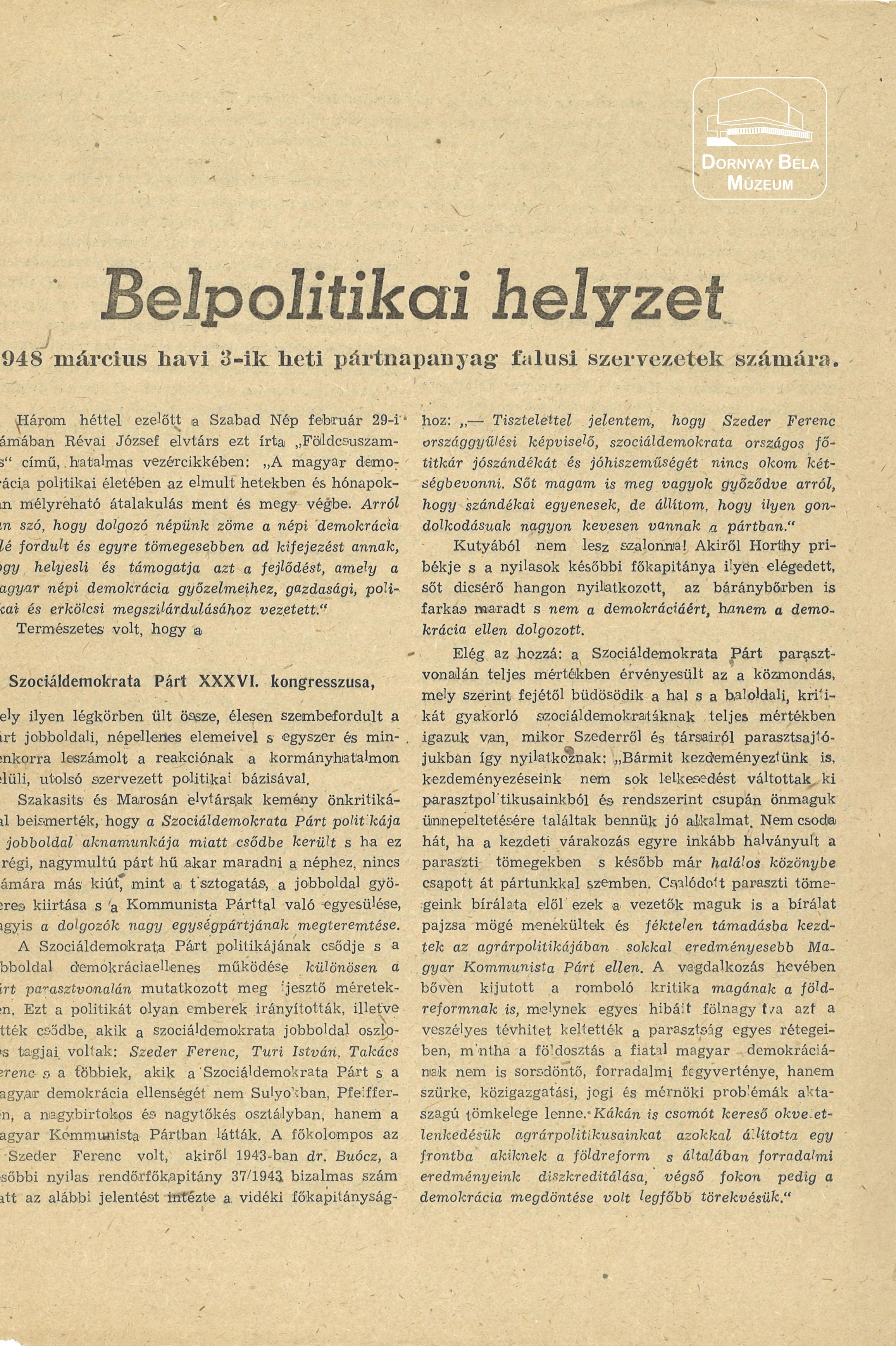 Belpolitikai helyzet – 1948. március havi pártnapanyag falusi szervezetek számára. (Dornyay Béla Múzeum, Salgótarján CC BY-NC-SA)