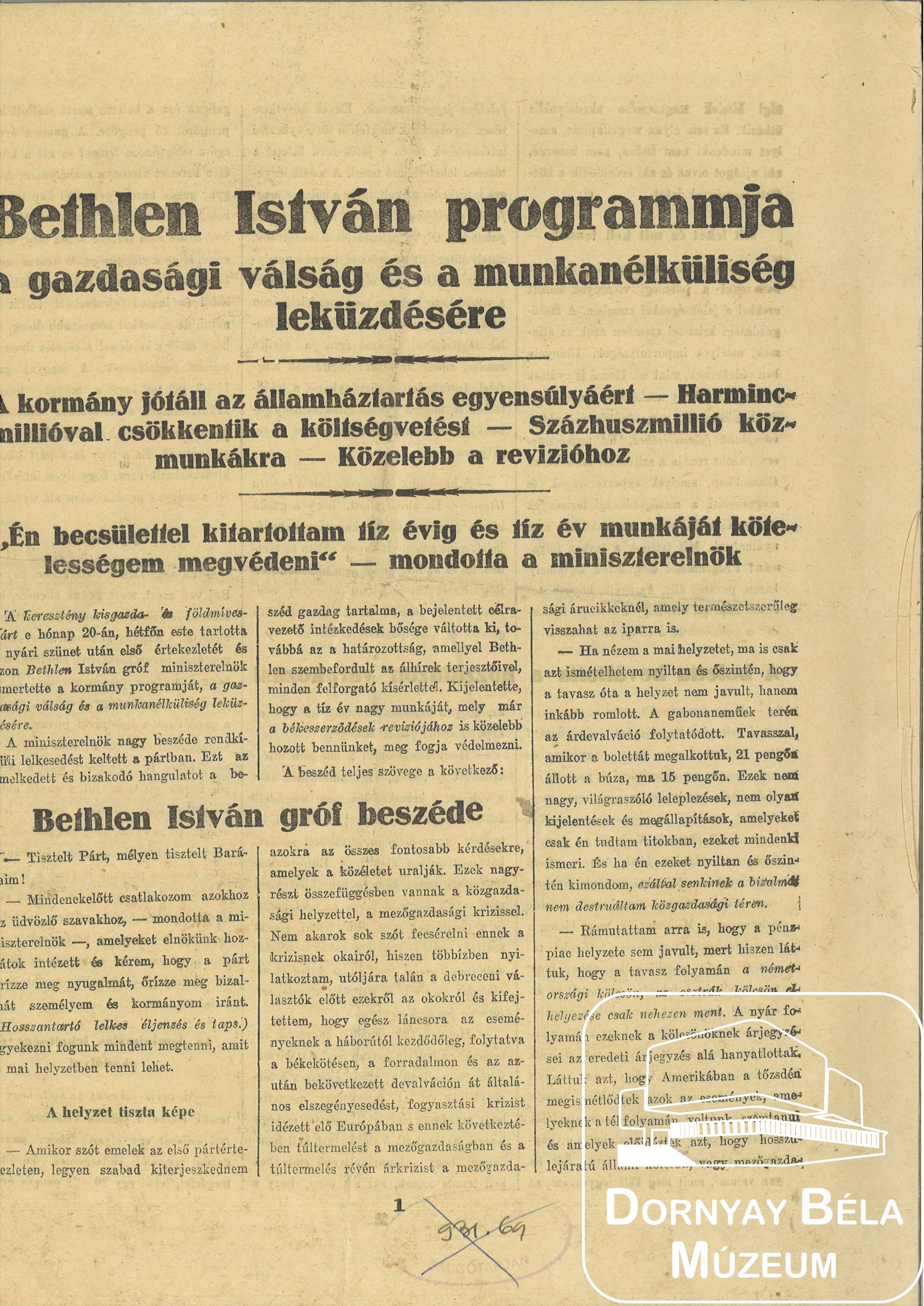 Bethlen István programja a gazdasági válság és a munkanélküliség leküzdésére. (Dornyay Béla Múzeum, Salgótarján CC BY-NC-SA)