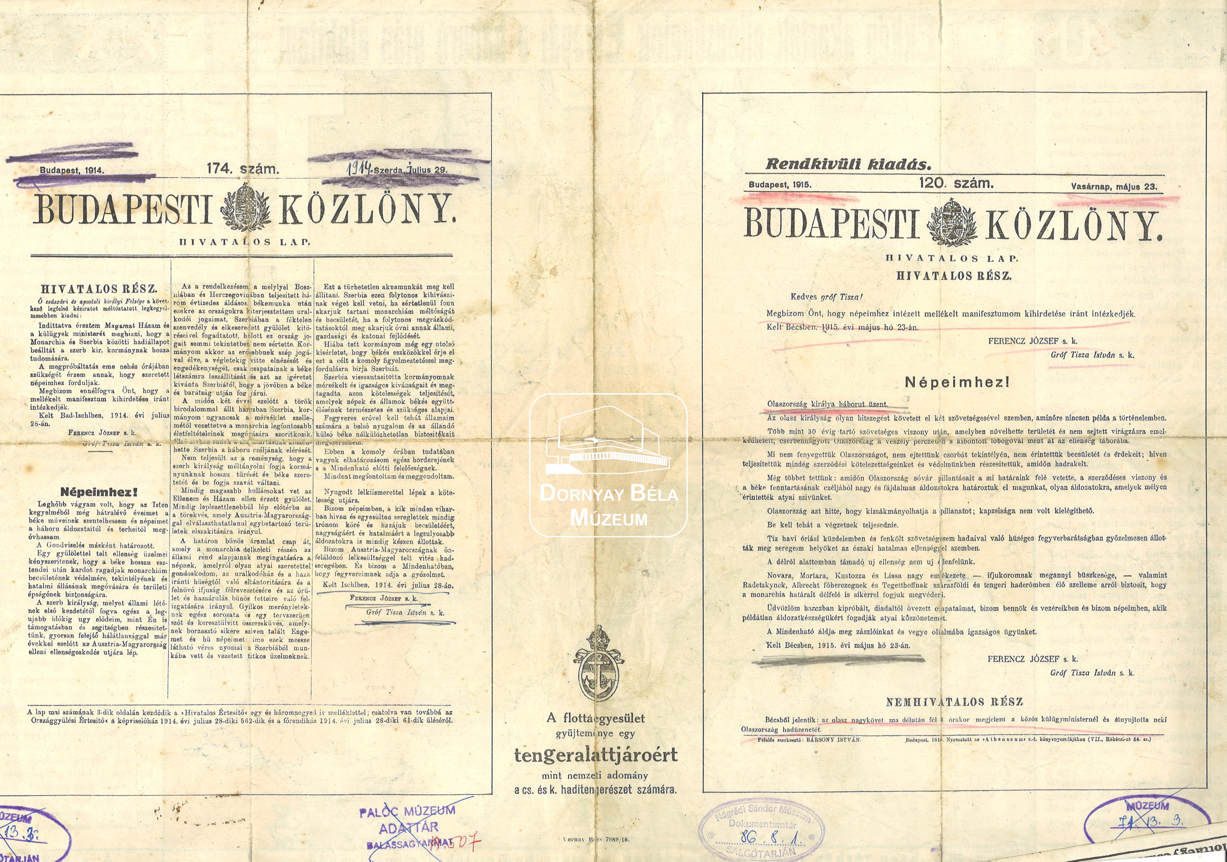Budapesti Közlöny, rendkívüli kiadás, 1915. 120.sz (Dornyay Béla Múzeum, Salgótarján CC BY-NC-SA)