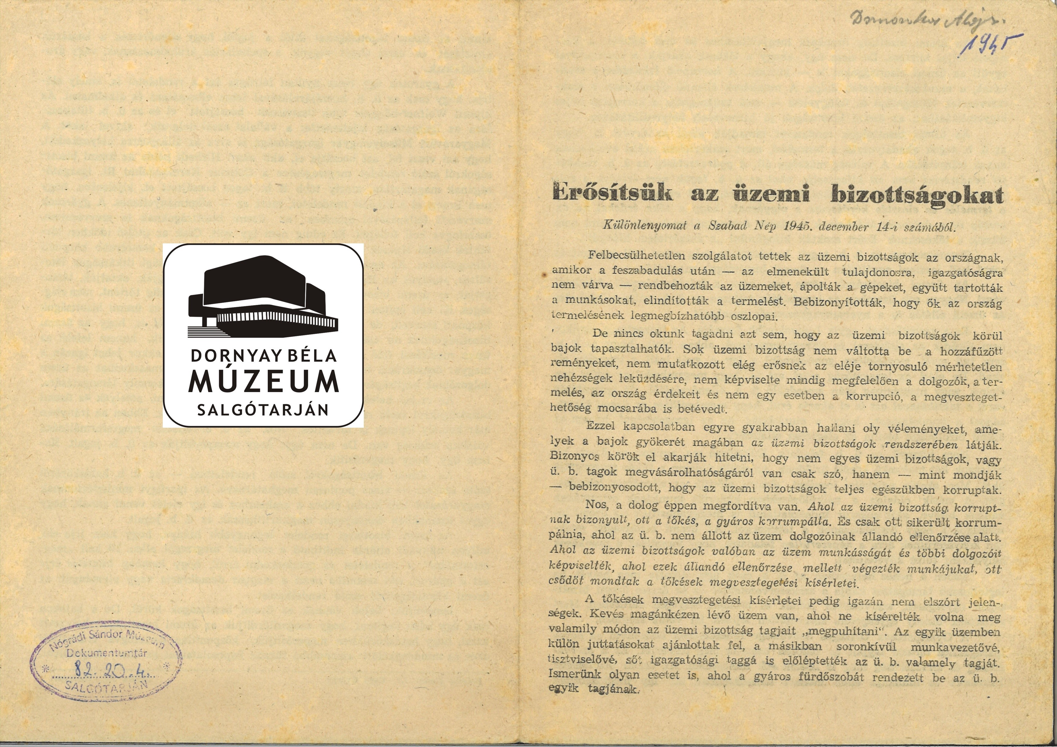 Erősítsük az üzemi bizottságokat, külön lenyomat a Szabad Nép 1945. dec.14-i számából. (Dornyay Béla Múzeum, Salgótarján CC BY-NC-SA)