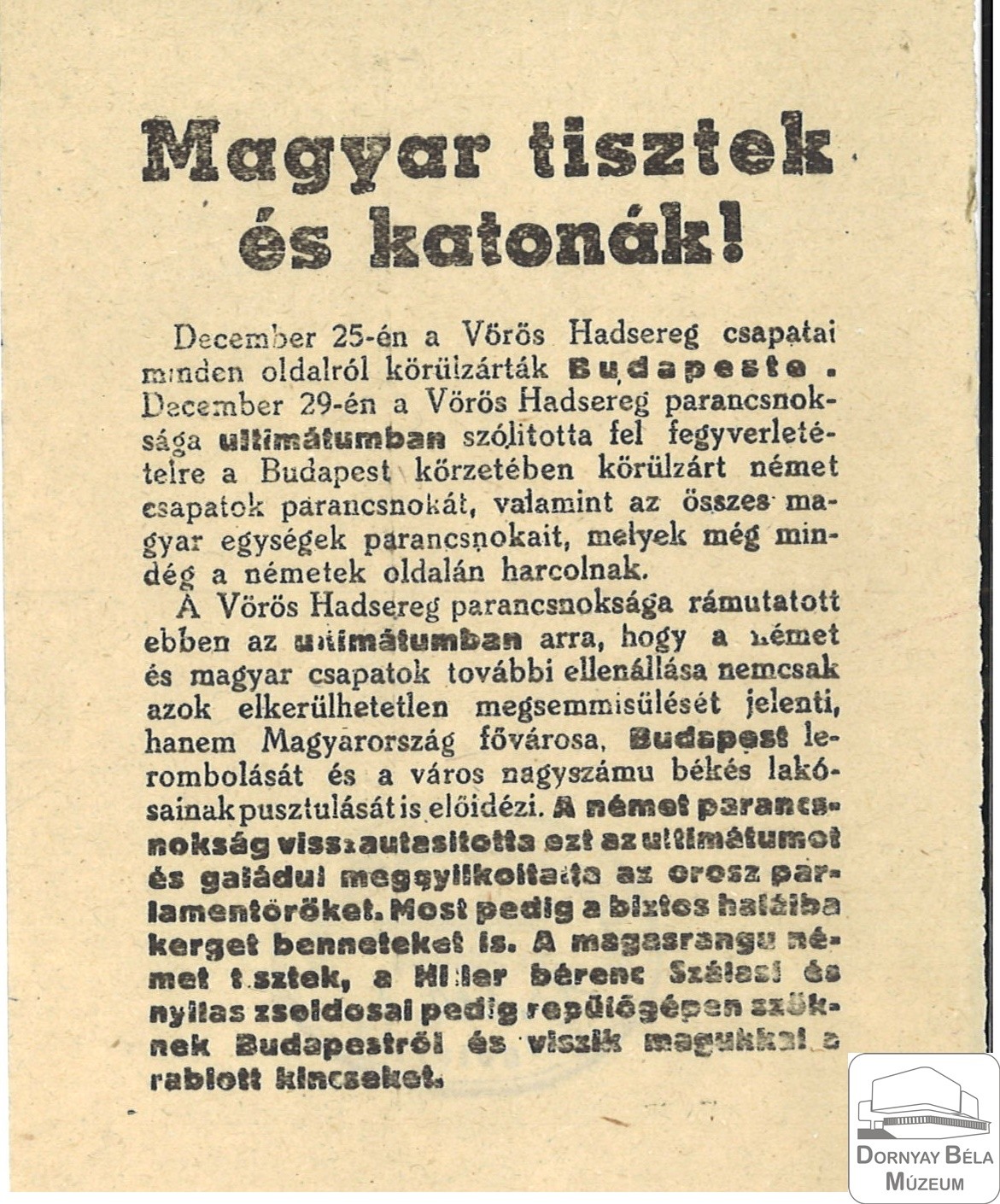 Felhívás a magyar tisztekhez és katonákhoz. (Dornyay Béla Múzeum, Salgótarján CC BY-NC-SA)